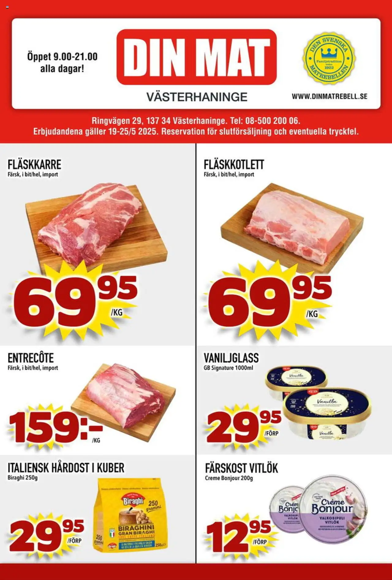 Din Mat reklamblad aktuell från 19.05.2025 | Sida: 1 | Produkter: Entrecote, Galler, Vitlök
