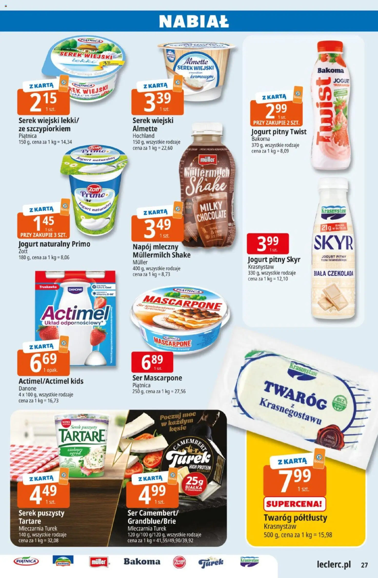 E.Leclerc gazetka od 10.03.2026 | Strona: 27 | Produkty: Serek, Jogurt pitny, Jogurt, Ser mascarpone