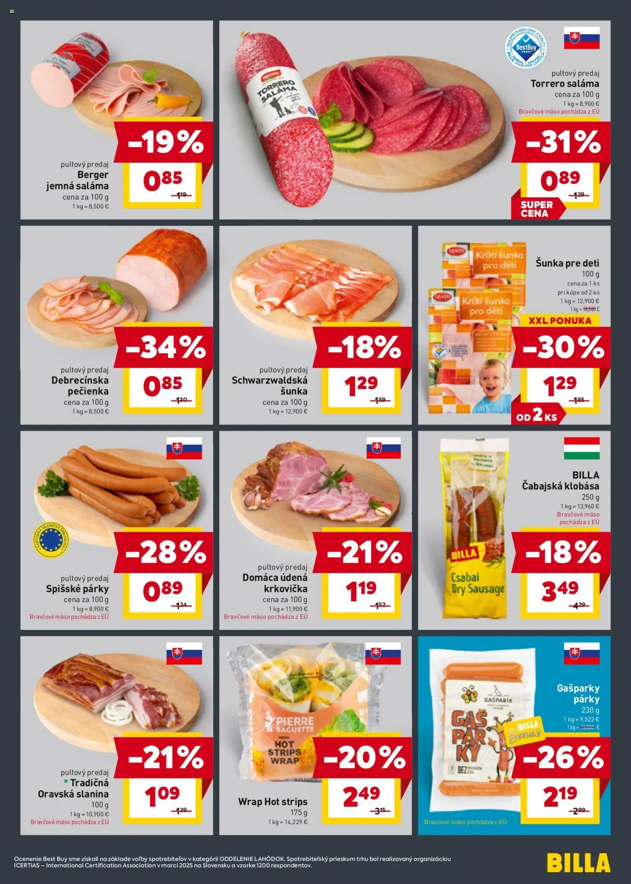 Nové Billa akcie – leták je platný od 24.09.2025 | Strana: 9 | Produkty: Šunka, Klobása, Krkovička, Párky