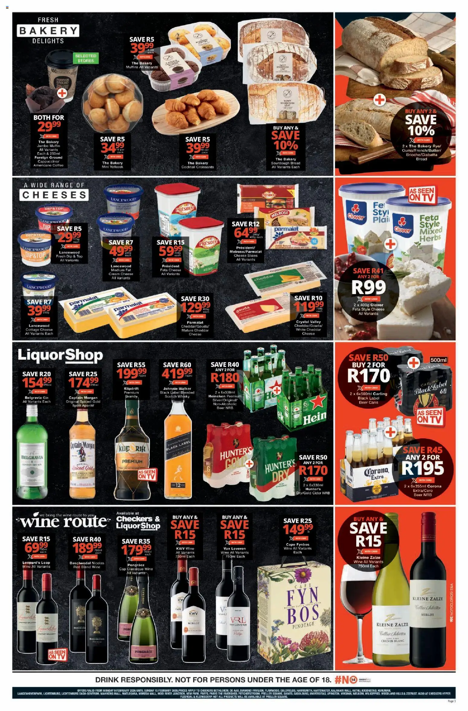 New Checkers catalogue – valid from 09.02.2026 | Page: 3 | Products: Bakery, Coffee, Wine, Cream