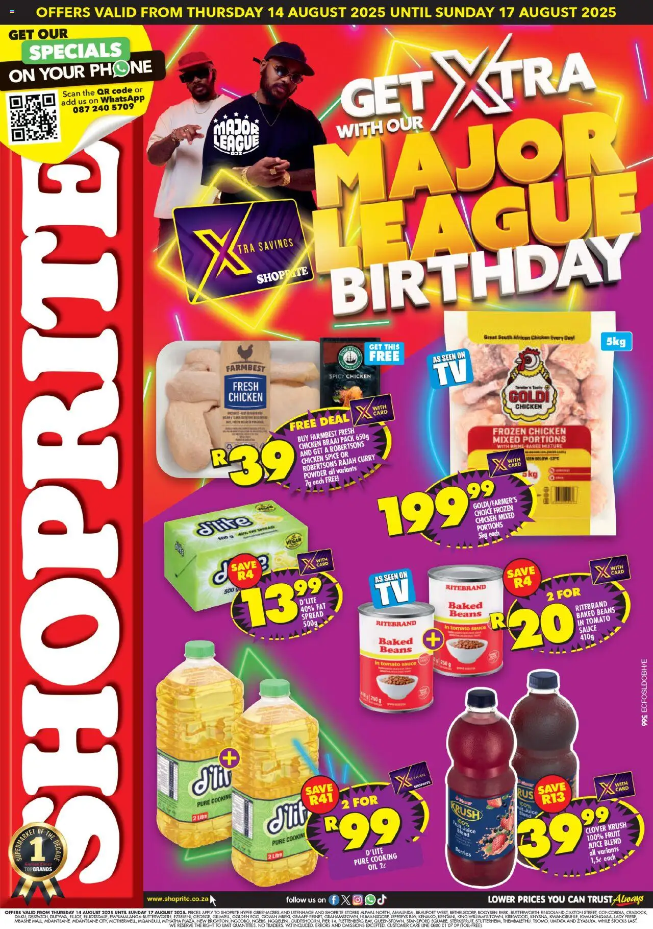 Shoprite Eastern Cape - Major League Deals │ valid from 14.08.2025 | Page: 1 | Products: Oil, Juice, Powder, Tomato sauce