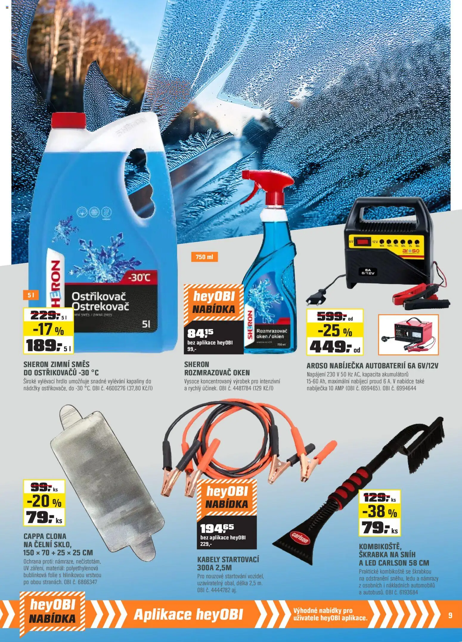 OBI leták - Králův Dvůr, Plzeň,Trmice  od 01.12.2025 | Strana: 9 | Produkty: Škrabka, Clona na čelní sklo, Nabíječka autobaterií, LED