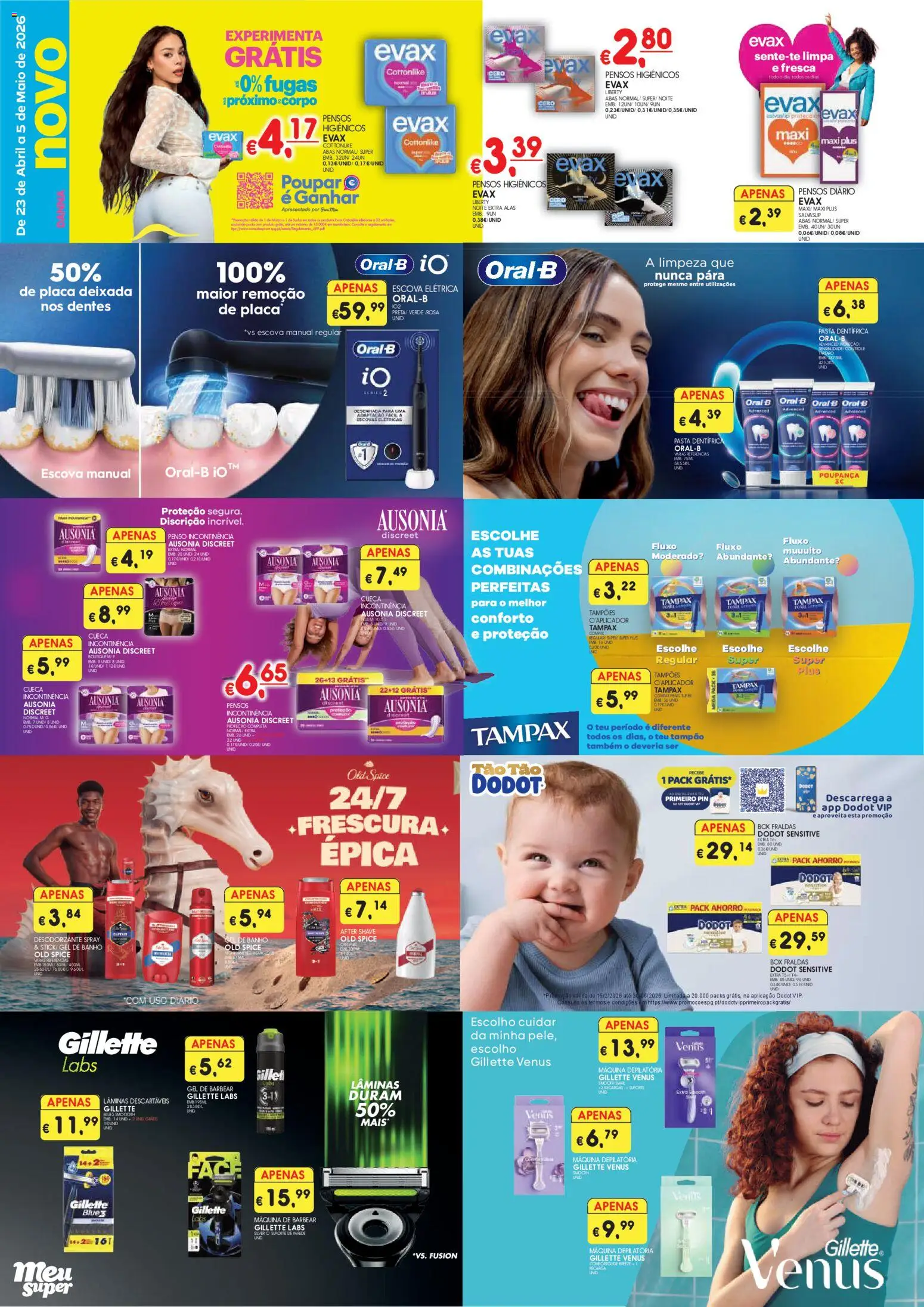 Meu Super folheto │ válido de 23.04.2026 | Página: 1 | Produtos: Pensos higiénicos, Fraldas, Máquina de barbear, Desodorizante
