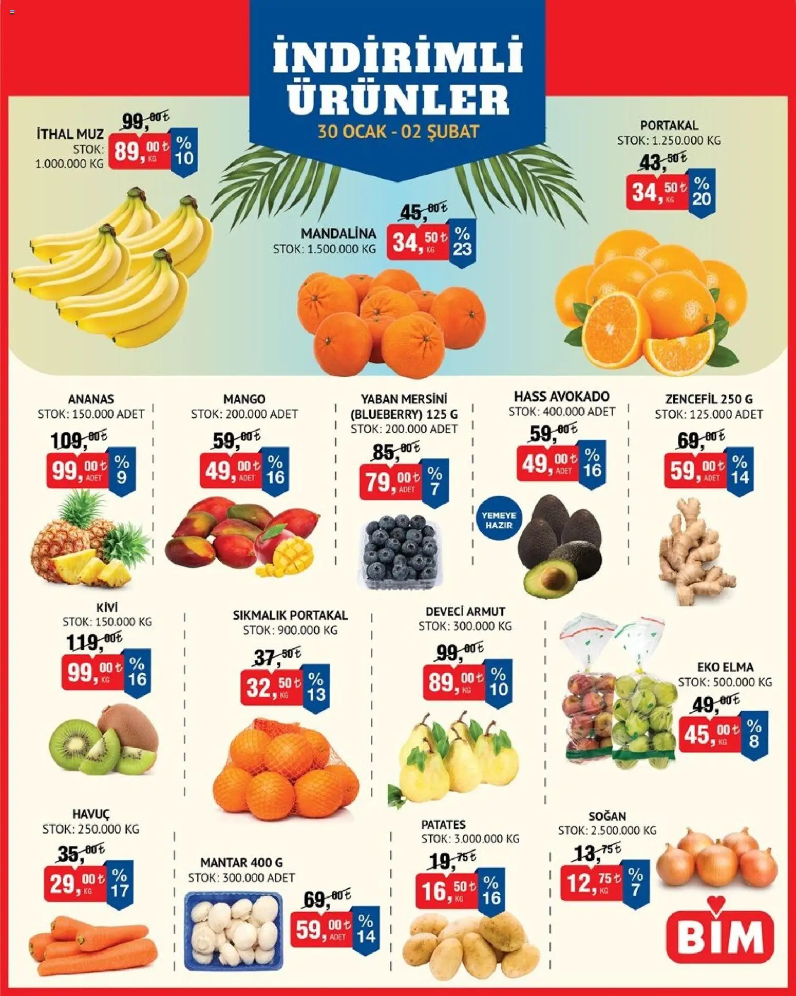 BİM - Meyve Sebze, İndirim - 30.01.2026 tarihinden itibaren geçerlidir | Sayfa: 1 | Ürünler: Elma, Soğan, Mango, Armut