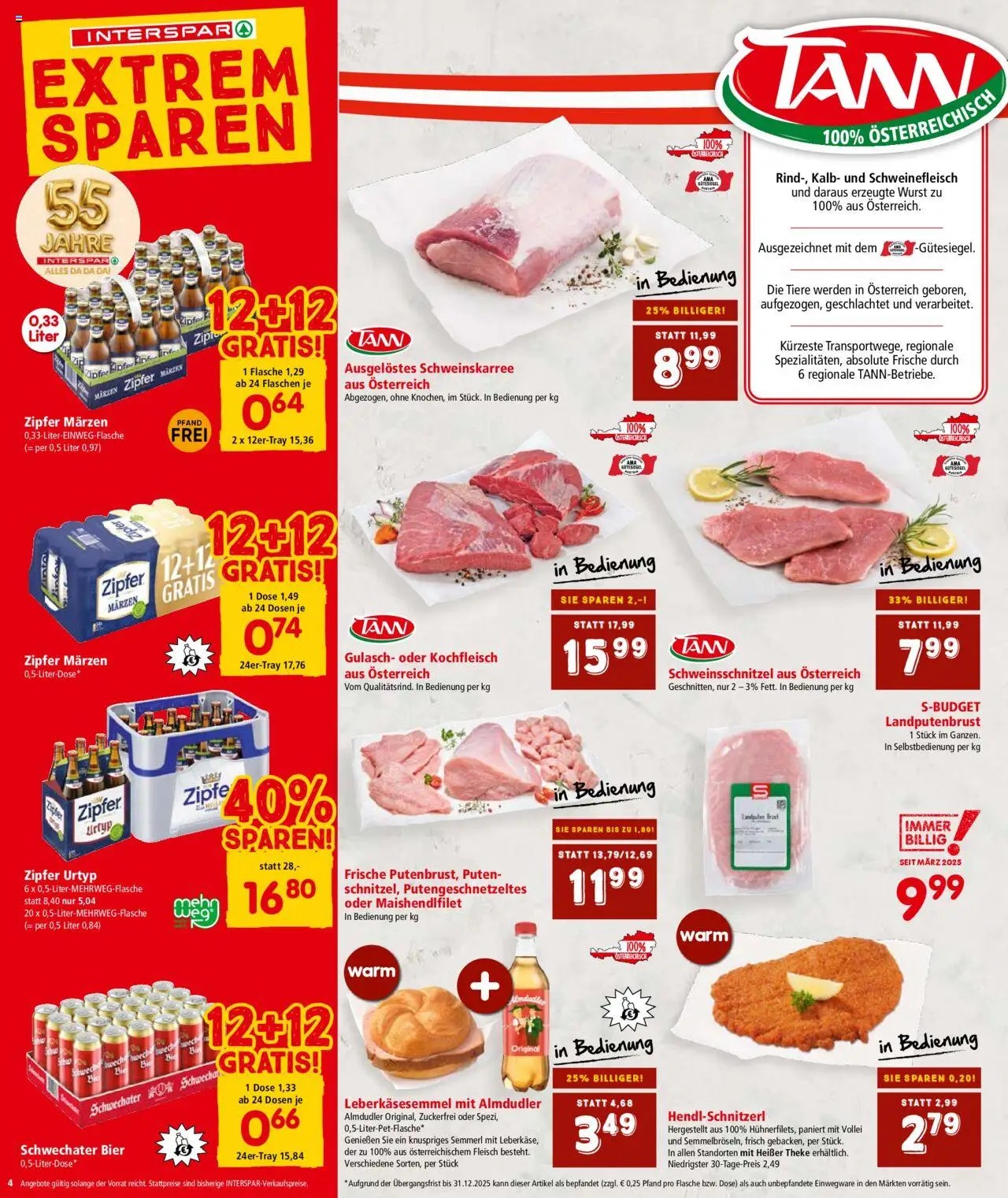 Interspar Flugblatt - Oberösterreich gültig ab 11.09.2025 | Seite: 4 | Produkte: Wurst, Bier, Schweinefleisch
