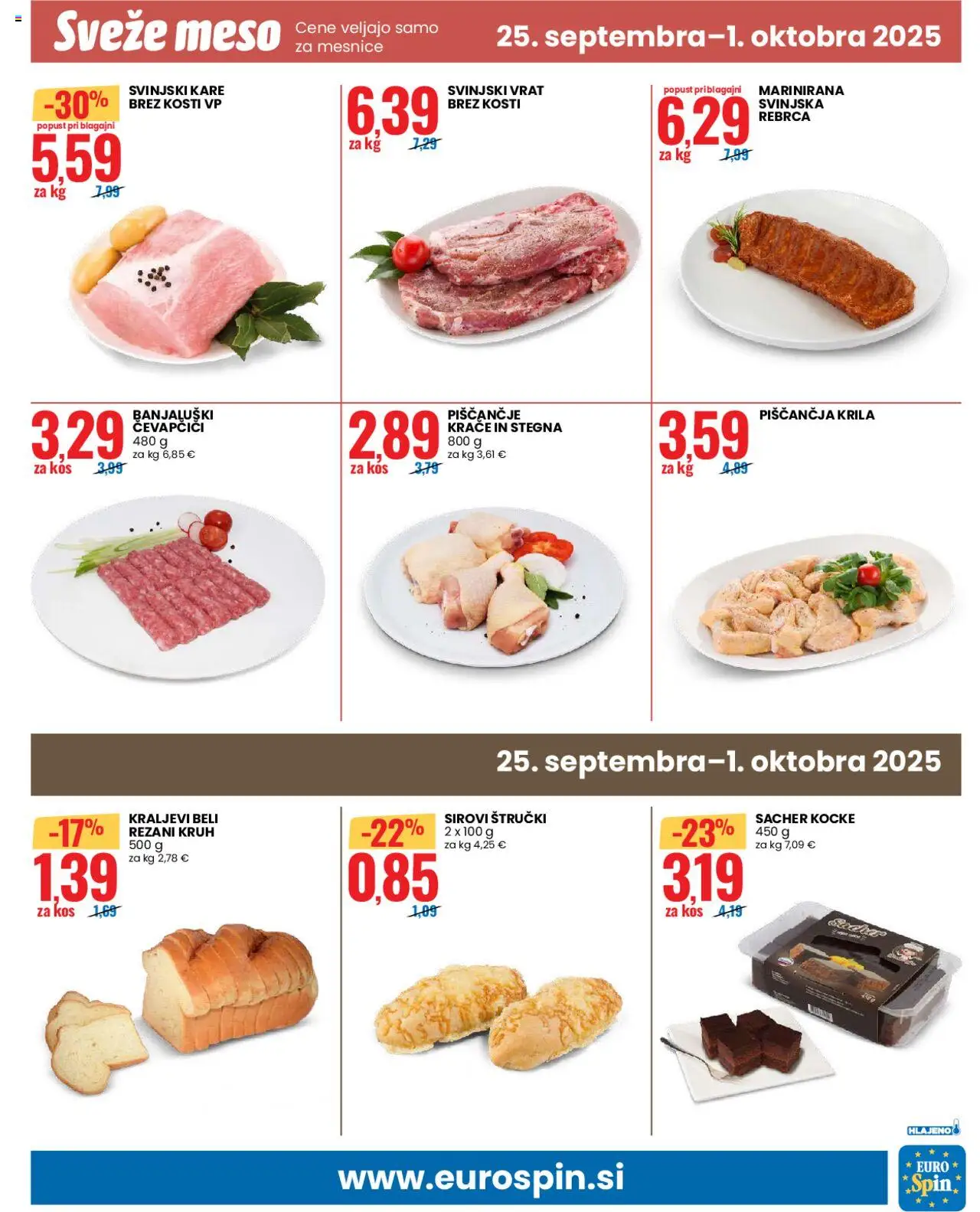Novi Eurospin katalog ponudbe – veljaven od 25.09.2025 | Stran: 13 | Izdelki: Čevapčiči, Piščančja krila, Kos, Kruh