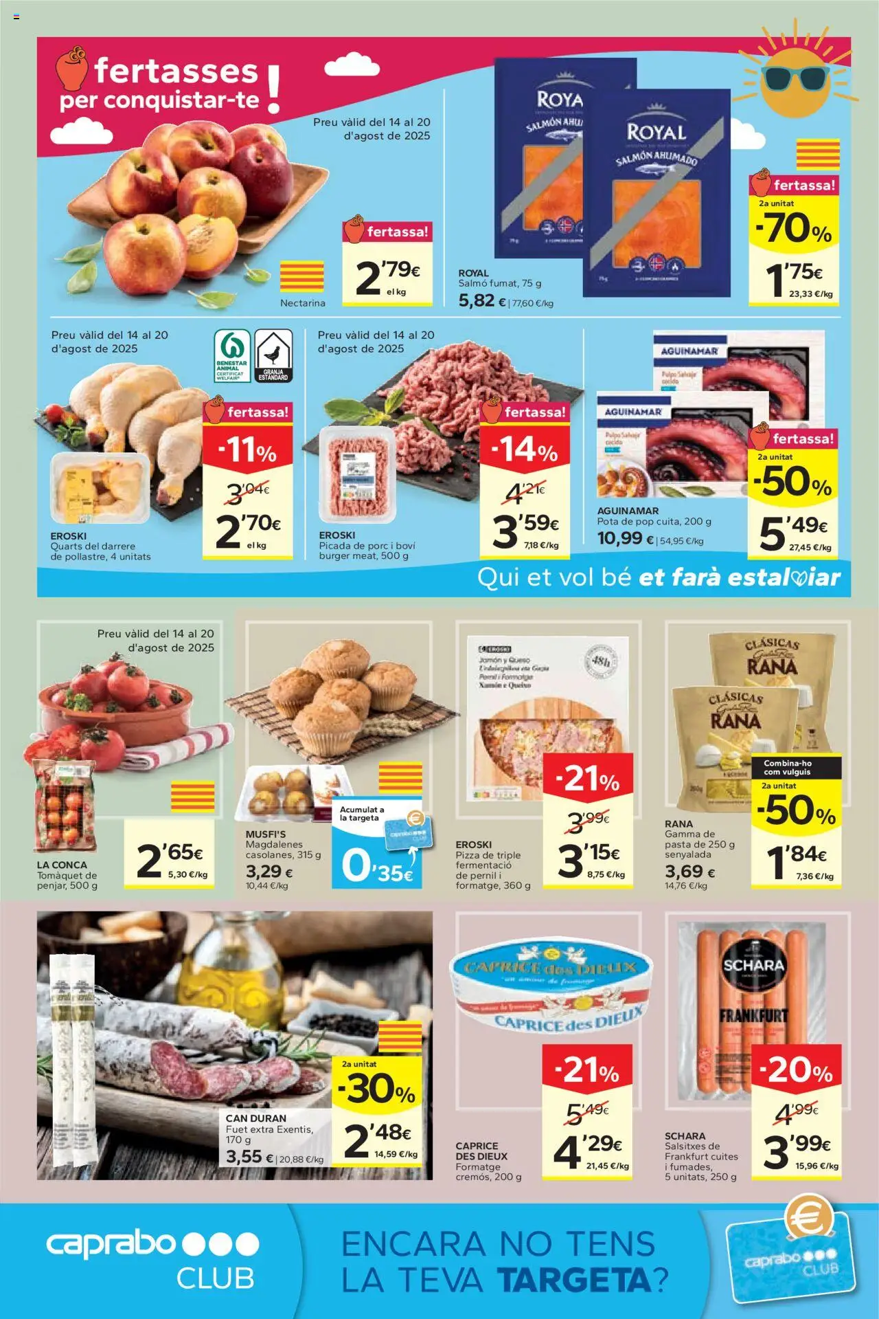 Caprabo folleto │ válido desde el 14.08.2025 | Página: 2 | Productos: Queso, Jamón, Pizza, Salmón ahumado