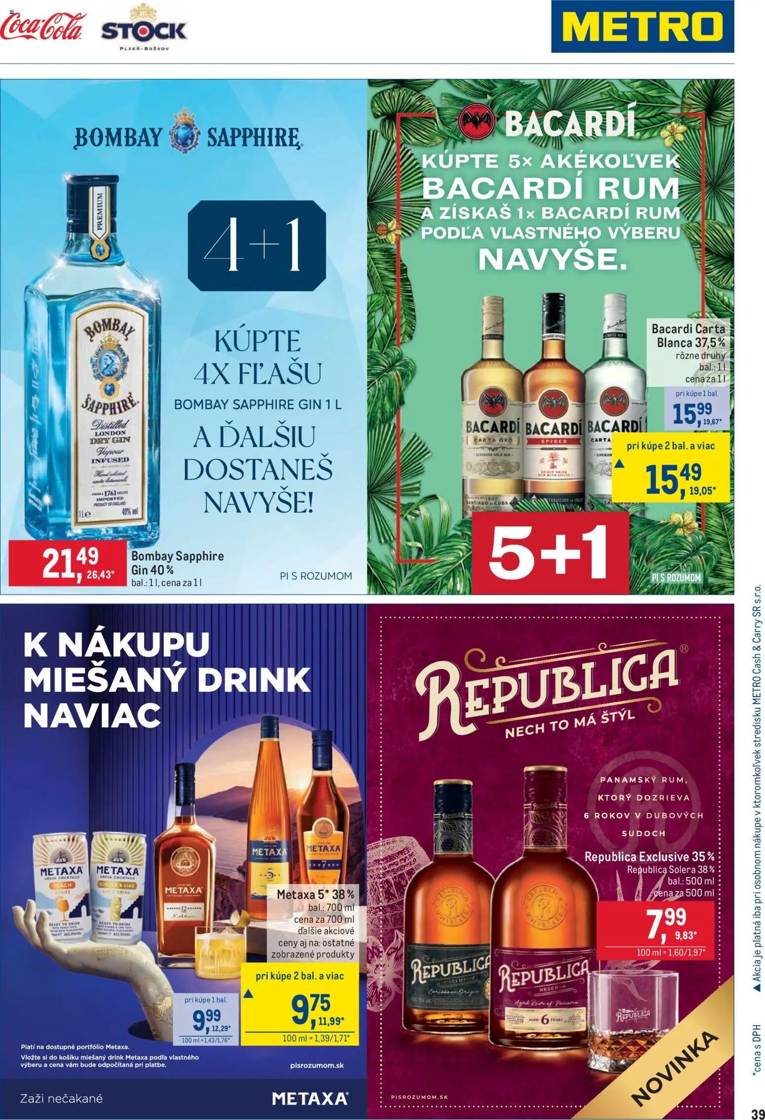 Nové Metro akcie – leták je platný od 25.03.2026 | Strana: 39 | Produkty: Metaxa, Republica, Rum, Bacardi