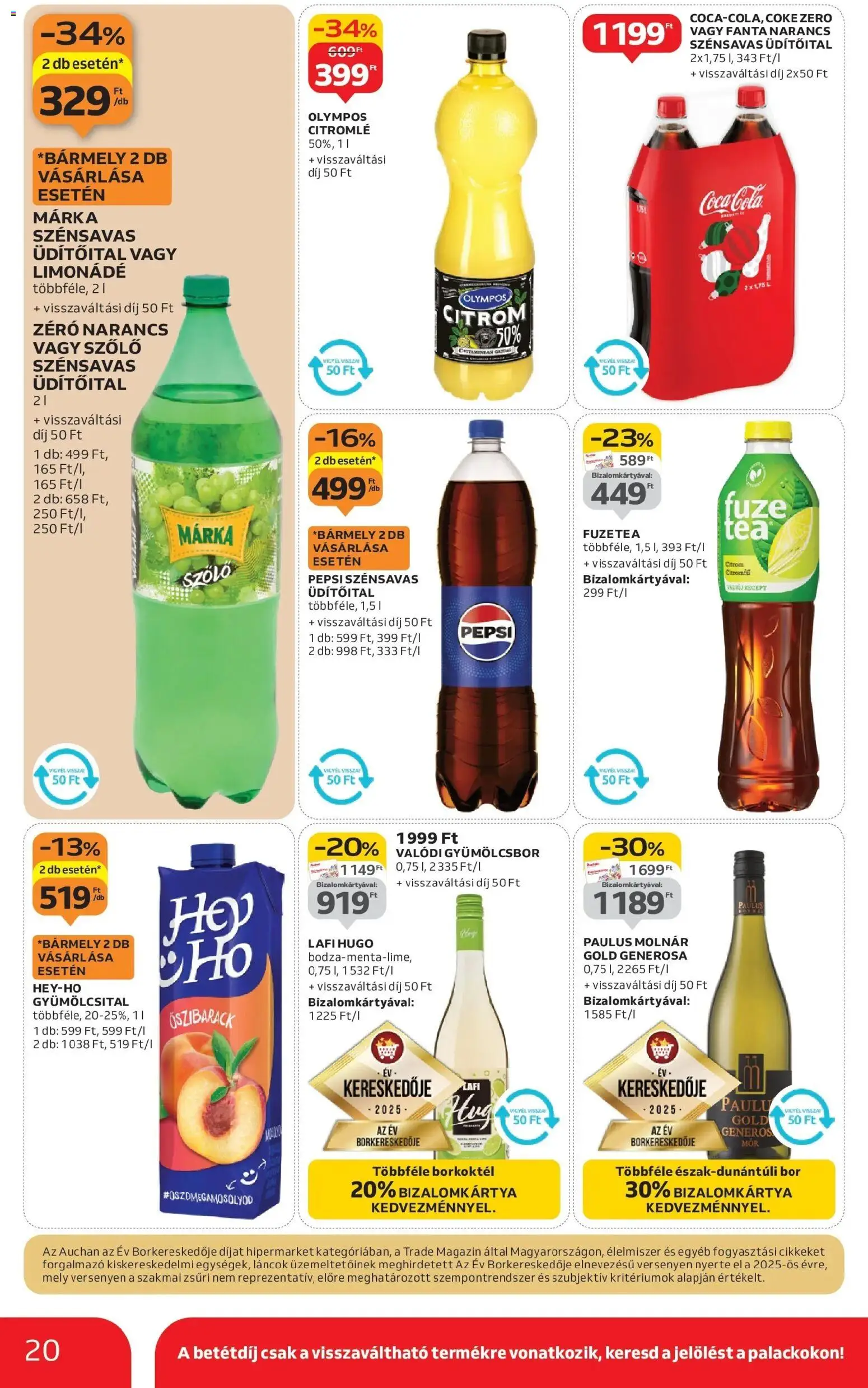 Auchan akciós ujság - amely érvényes a következő dátumtól: 15.01.2026 | Oldal: 20 | Termékek: Szőlő, Gyümölcsital, Fanta, Bor