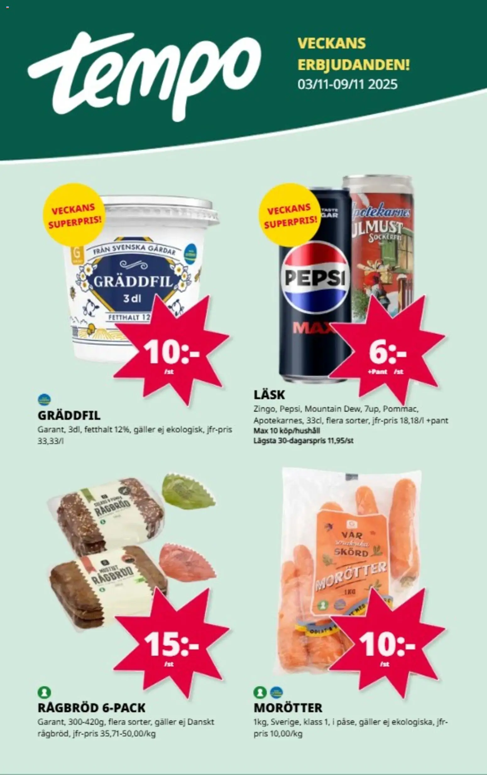 Tempo reklamblad aktuell från 03.11.2025 | Sida: 1 | Produkter: Galler, Pepsi, Gräddfil