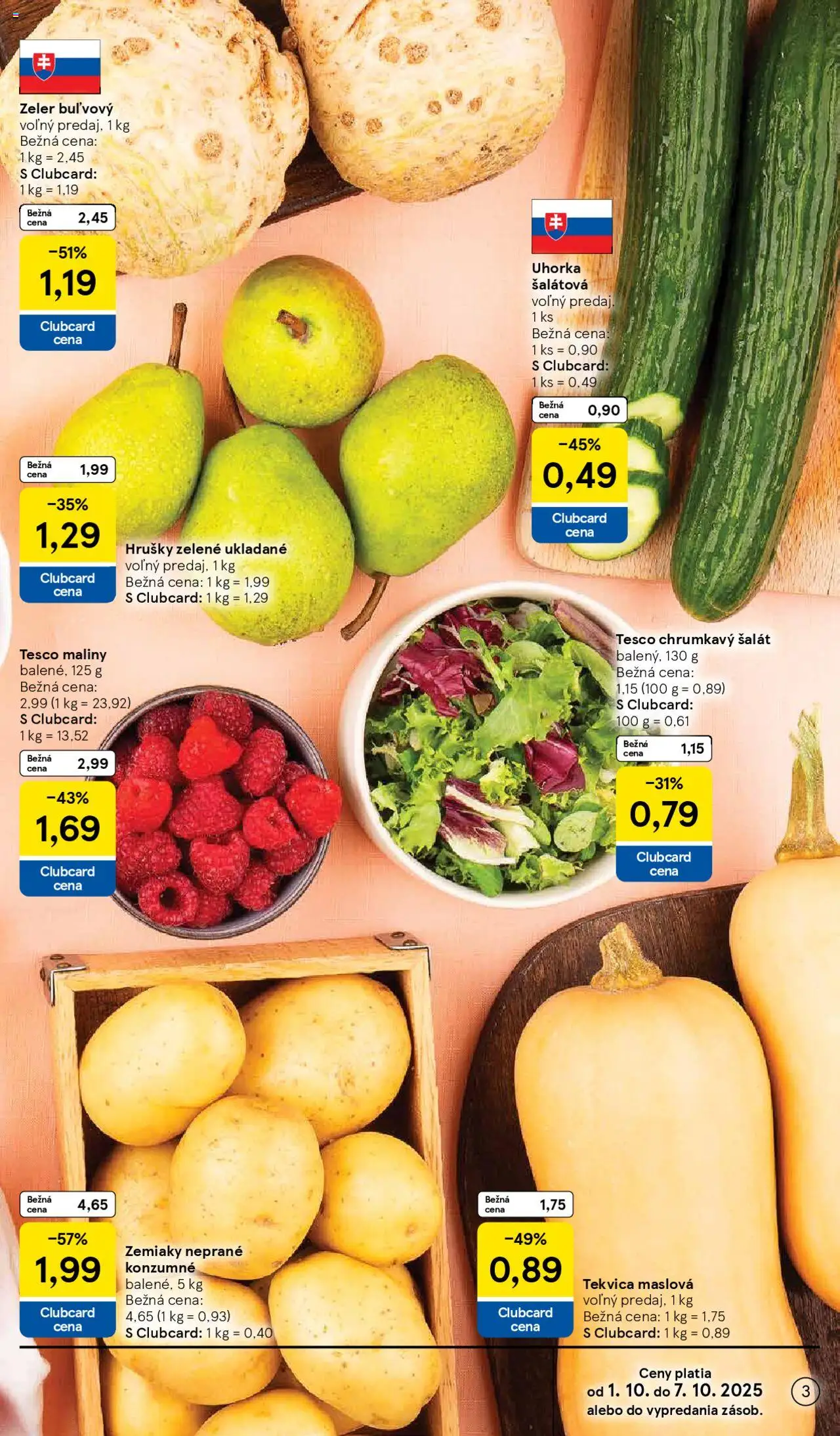 Nové Tesco akcie – leták je platný od 01.10.2025 | Strana: 3 | Produkty: Zemiaky, Hrušky, Zeler, Maliny