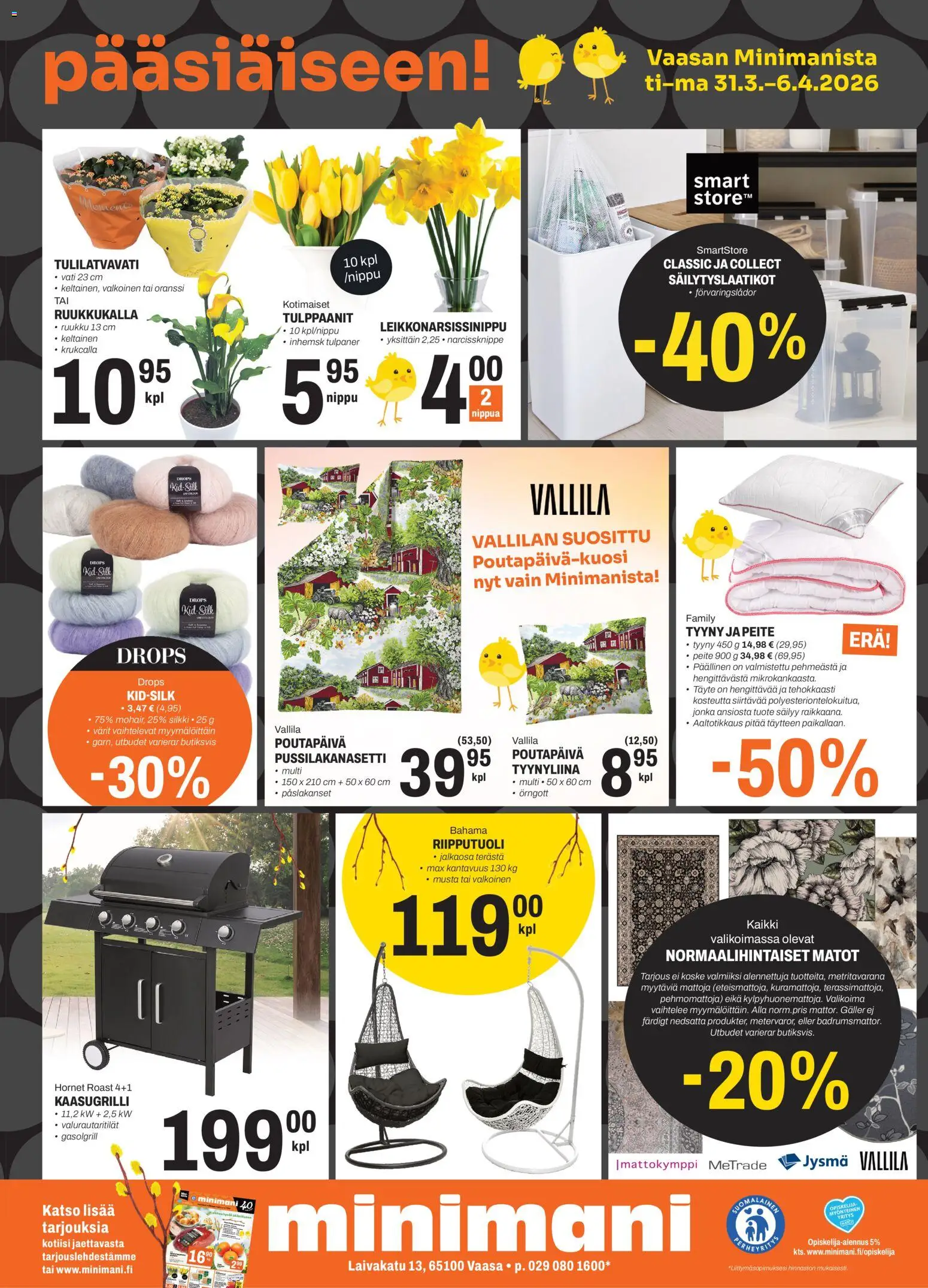 Minimani Tarjoukset - Vaasa – voimassa 31.03.2026 alkaen | Sivu: 2 | Tuotteet: Pussilakanasetti, Kaasugrilli, Säilytyslaatikot, Tyyny