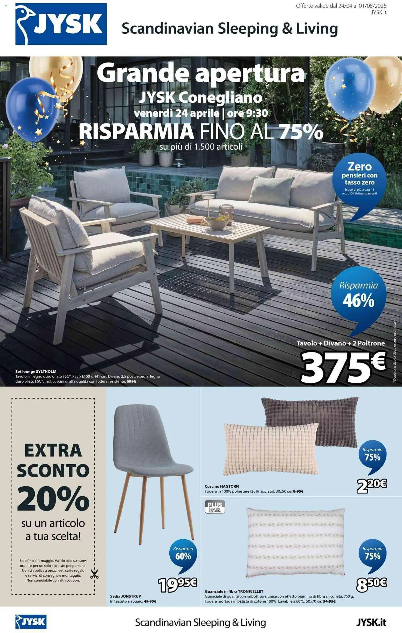Volantino JYSK del 24.04.2026 | Pagina: 1 | Prodotti: Cuscino, Divano, Sedia, Guanciale