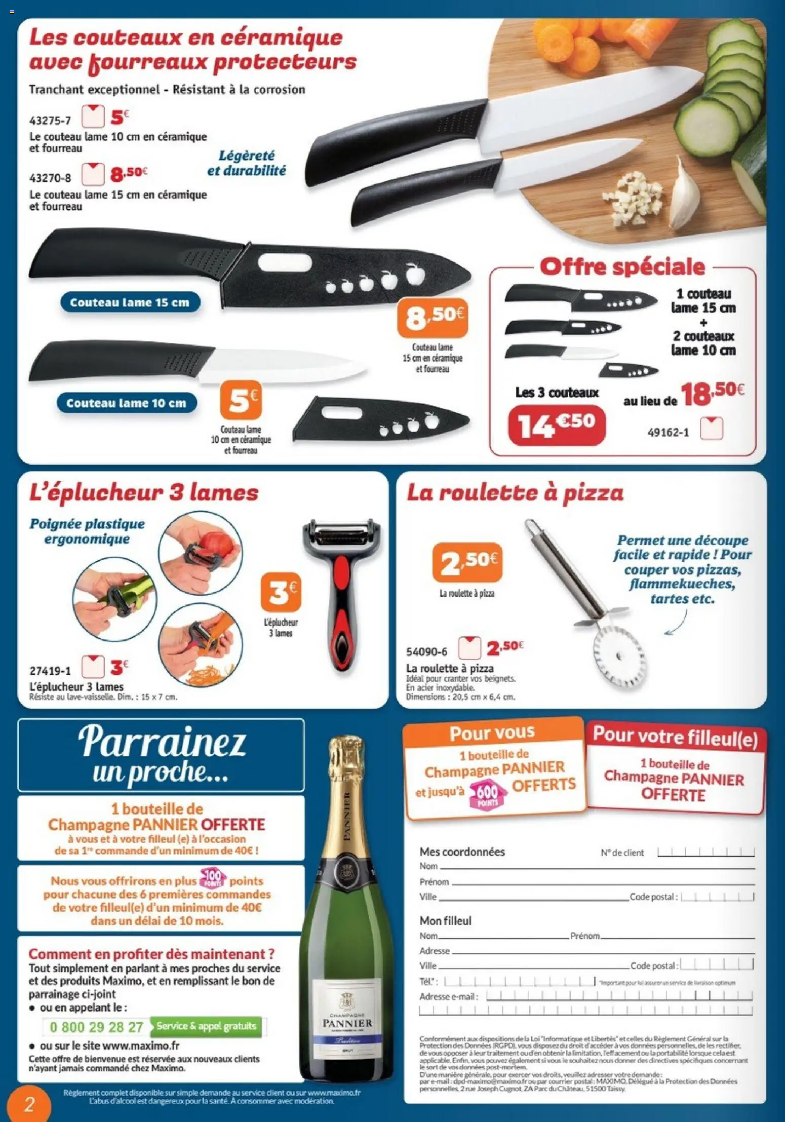 {H1} | Page: 2 | Produits: Couteau, Champagne, Pizza