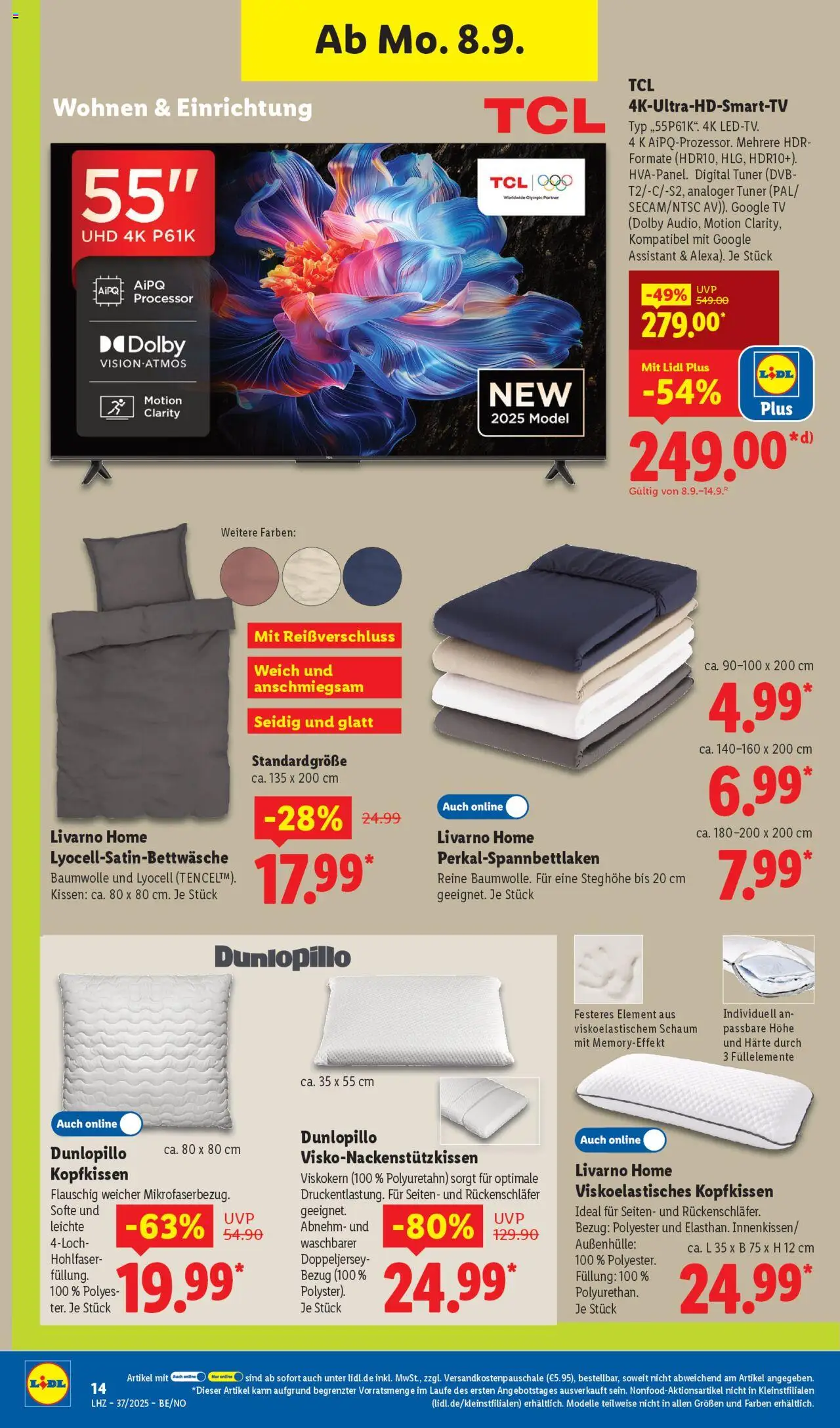 Lidl Prospekt Holzminden	 - gültig ab dem 08.09.2025 | Seite: 8 | Produkte: Kissen, Kopfkissen, TV