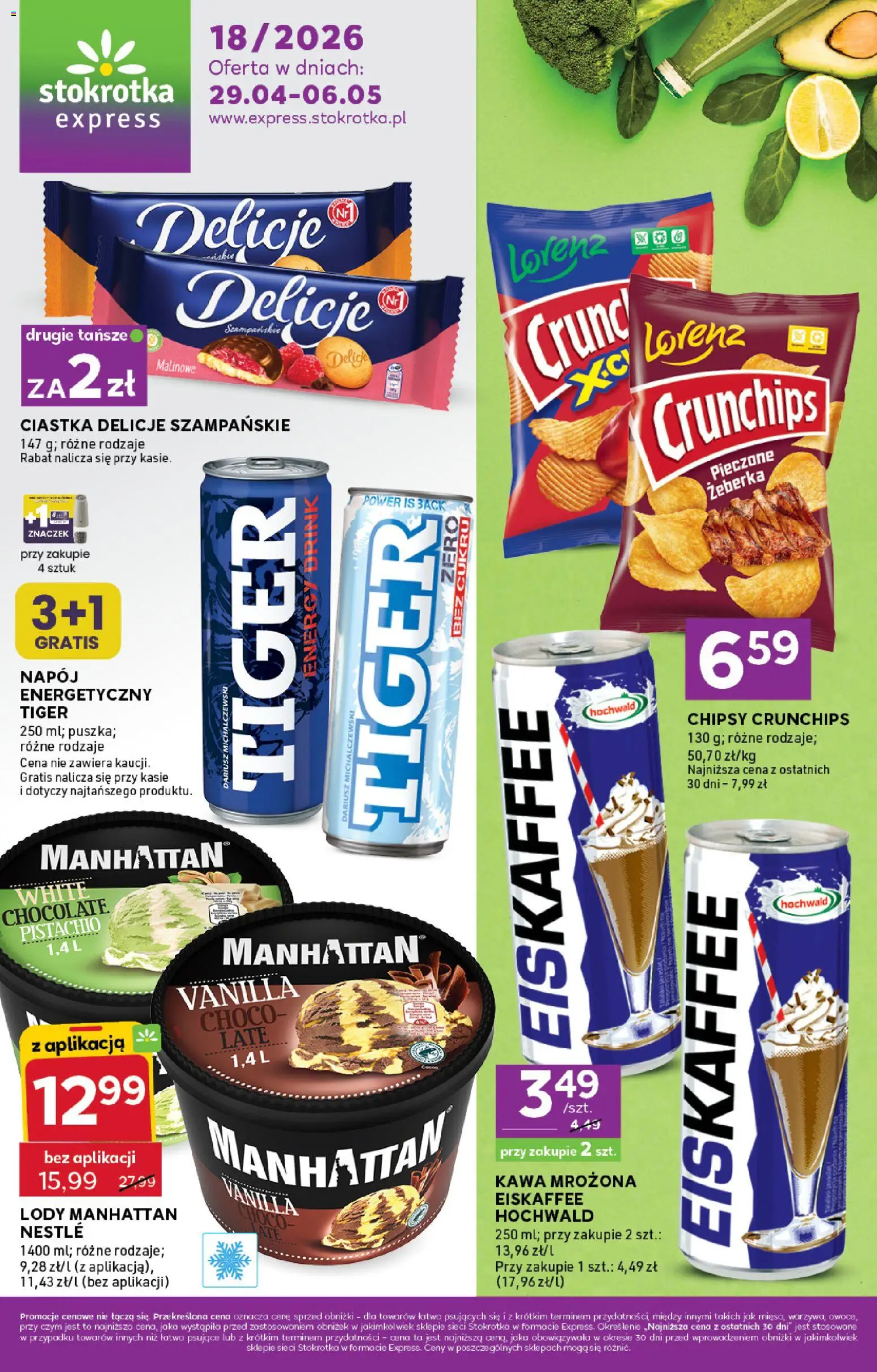 Stokrotka gazetka - Express od 29.04.2026 | Strona: 1 | Produkty: Kawa mrozona, Lody manhattan, Kawa, Ciastka