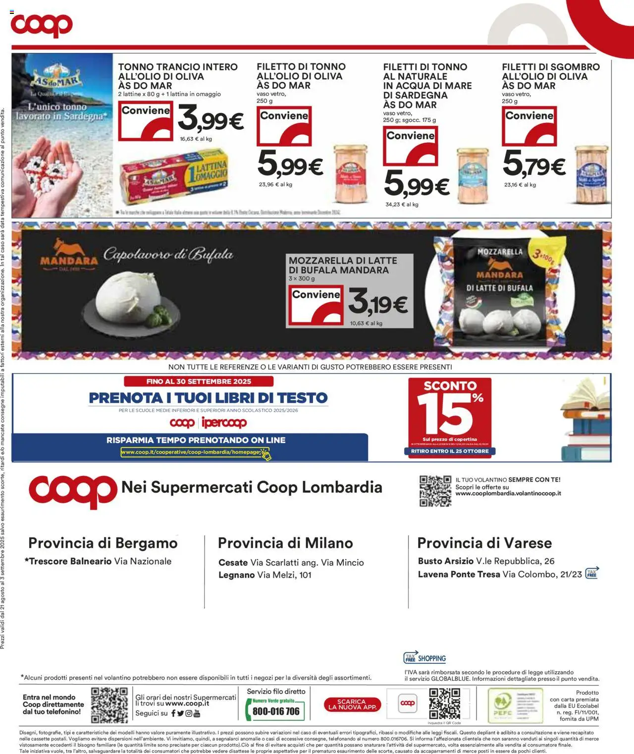 Volantino COOP del 21.08.2025 | Pagina: 20 | Prodotti: Mozzarella, Tonno, Sgombro, Vaso