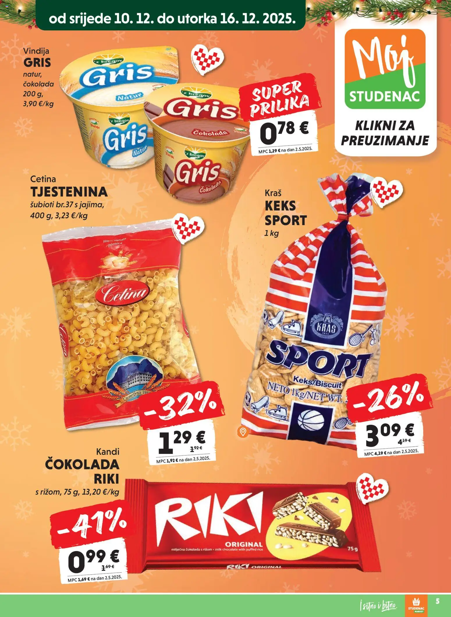 Studenac katalog | vrijedi od 10.12.2025 | Stranica: 5 | Proizvodi: Vindija, Čokolada, Tjestenina, Keks