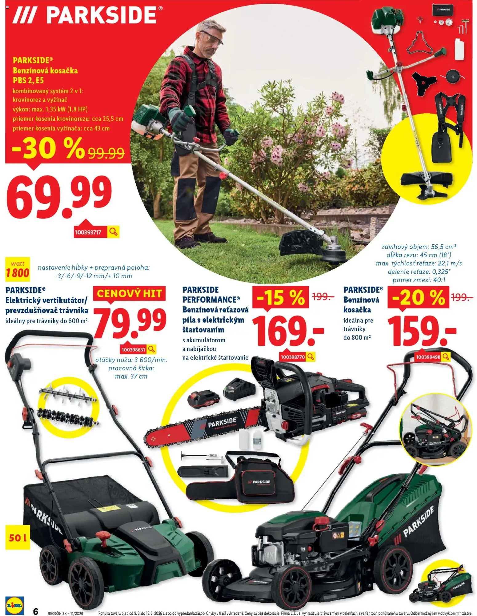 Nové Lidl akcie – leták je platný od 09.03.2026 | Strana: 6 | Produkty: Krovinorez, Reťazová píla, Kosačka, Píla