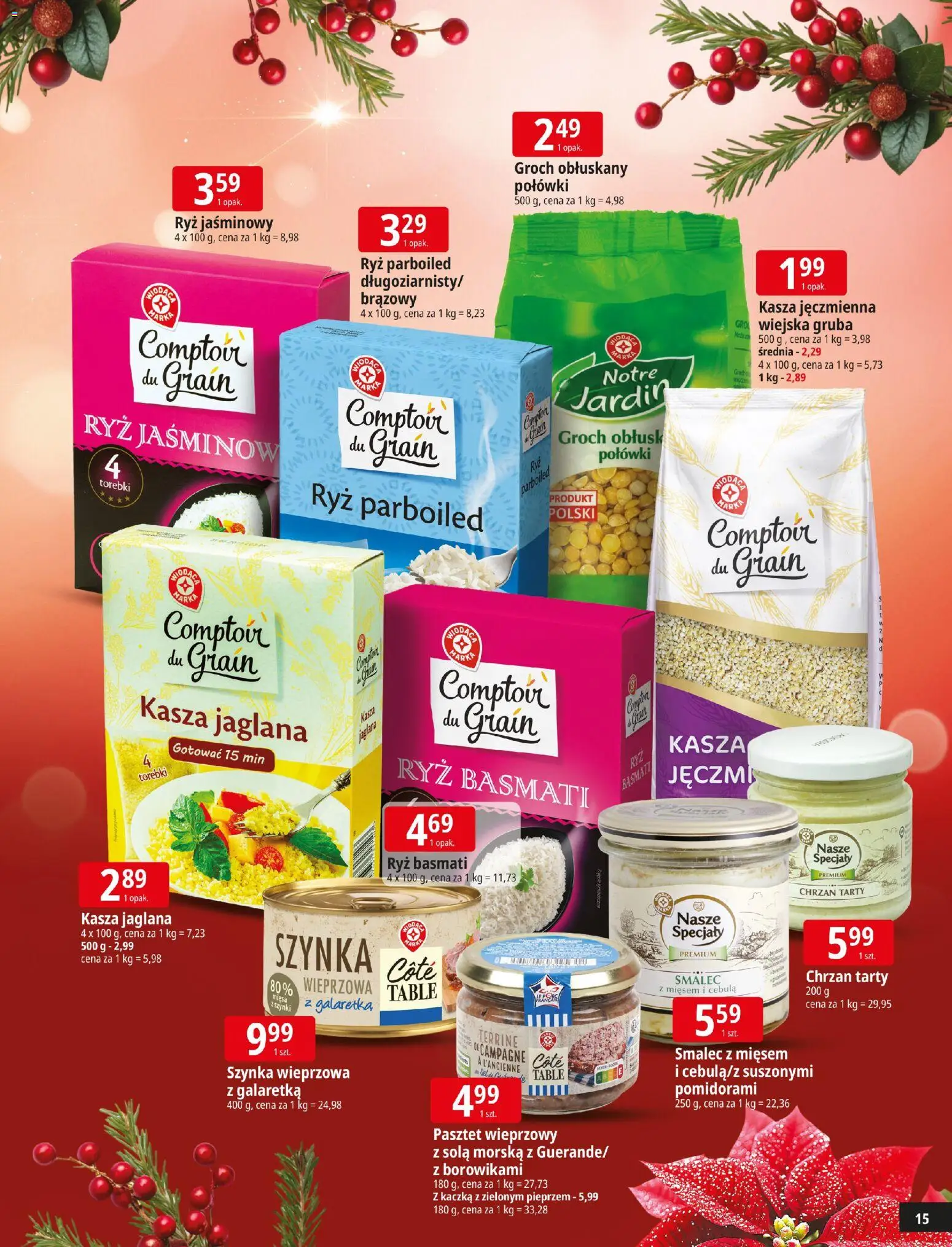 E.Leclerc Gazetka - Warszawa Jerozolimskie Święta od 09.12.2025 | Strona: 15 | Produkty: Galaretka, Szynka, Ryż, Kasza jaglana