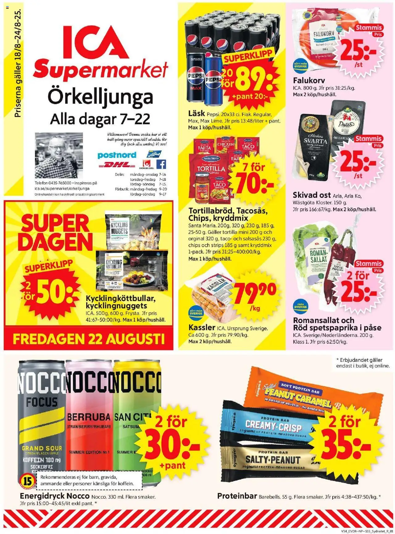 ICA Supermarket reklamblad aktuell från 18.08.2025 | Sida: 1 | Produkter: Tortilla, Chips, Proteinbar, Ost