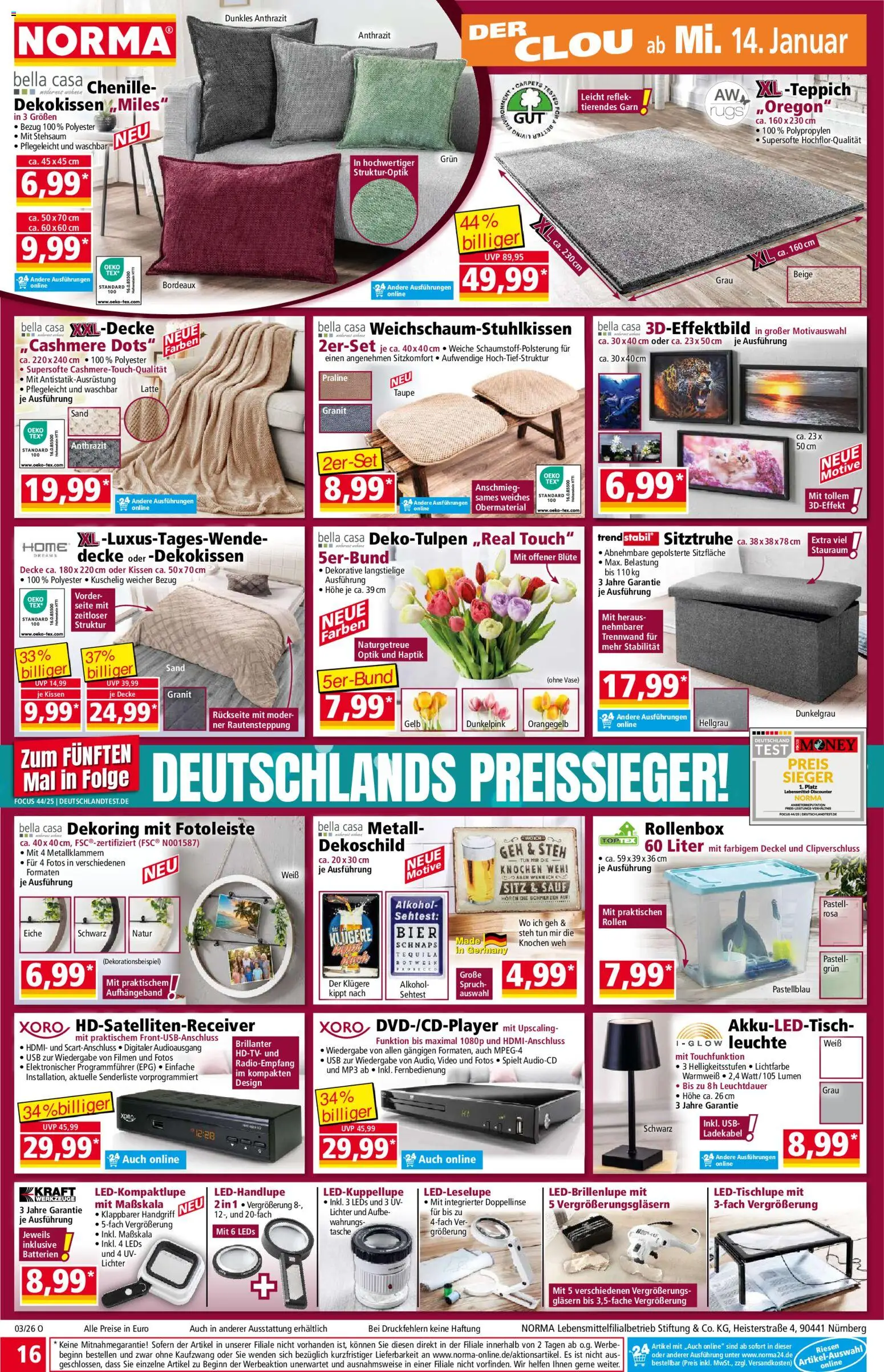 Norma Prospekt 	 – gültig ab 12.01.2026 | Seite: 16 | Produkte: Kissen, Rotwein, Vase, Ladekabel