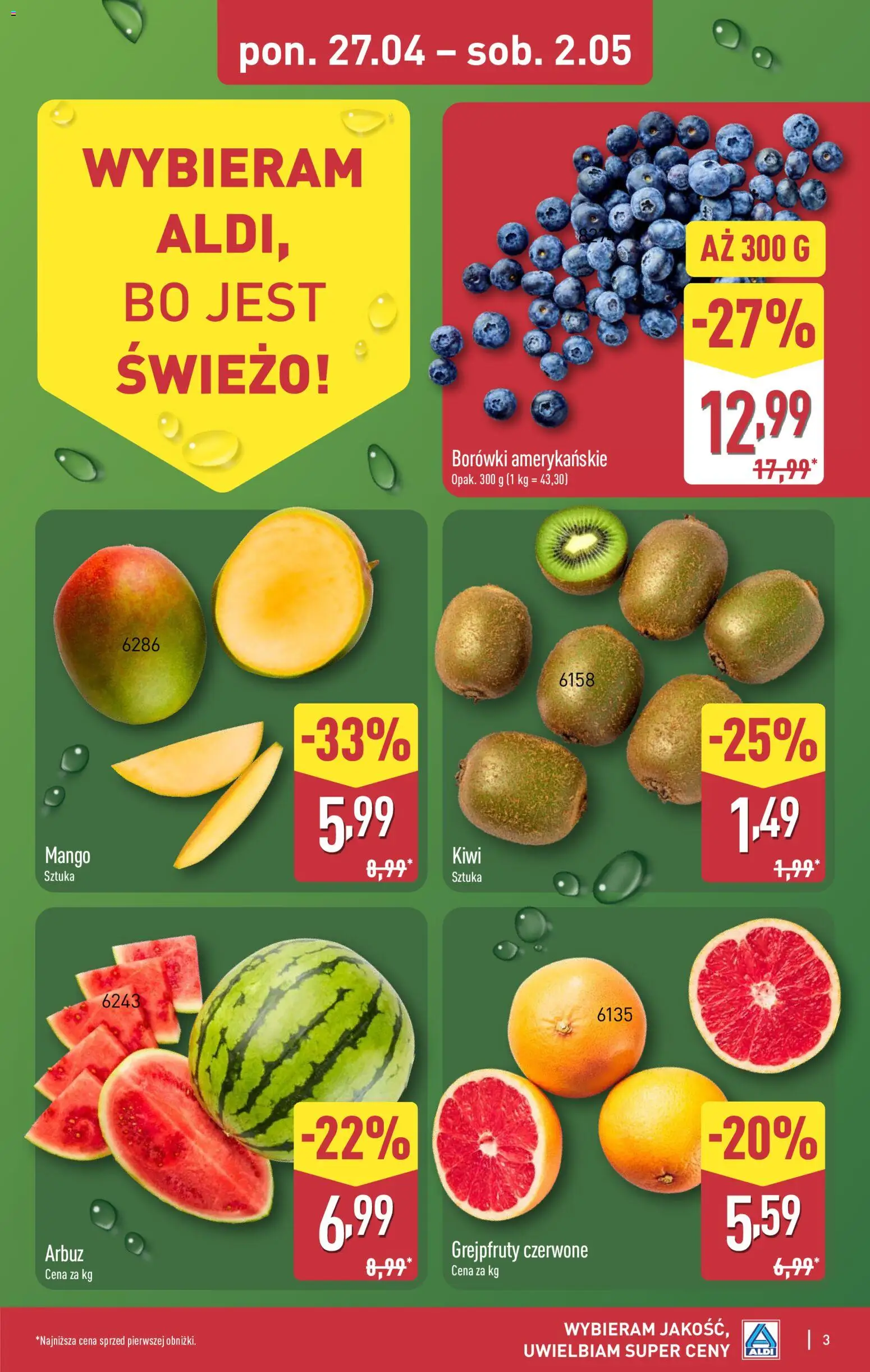 Aldi gazetka od 27.04.2026 | Strona: 3 | Produkty: Mango, Arbuz, Kiwi