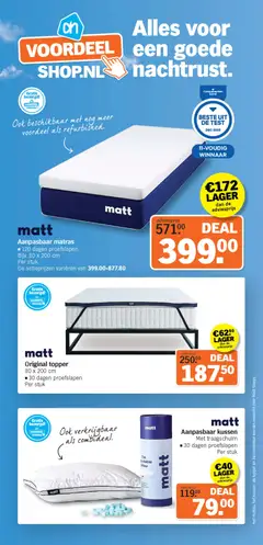Aanpasbaar matras, 120 dagen proefslapen. Bijv. 80 x 200 cm. Per stuk. De actieprijzen variëren van 399.00-877.80 - Voorbeeld van een folder van Albert Heijn, geldig van 02.02.2026 | Pagina: 10 | Producten: Matras, Kussen