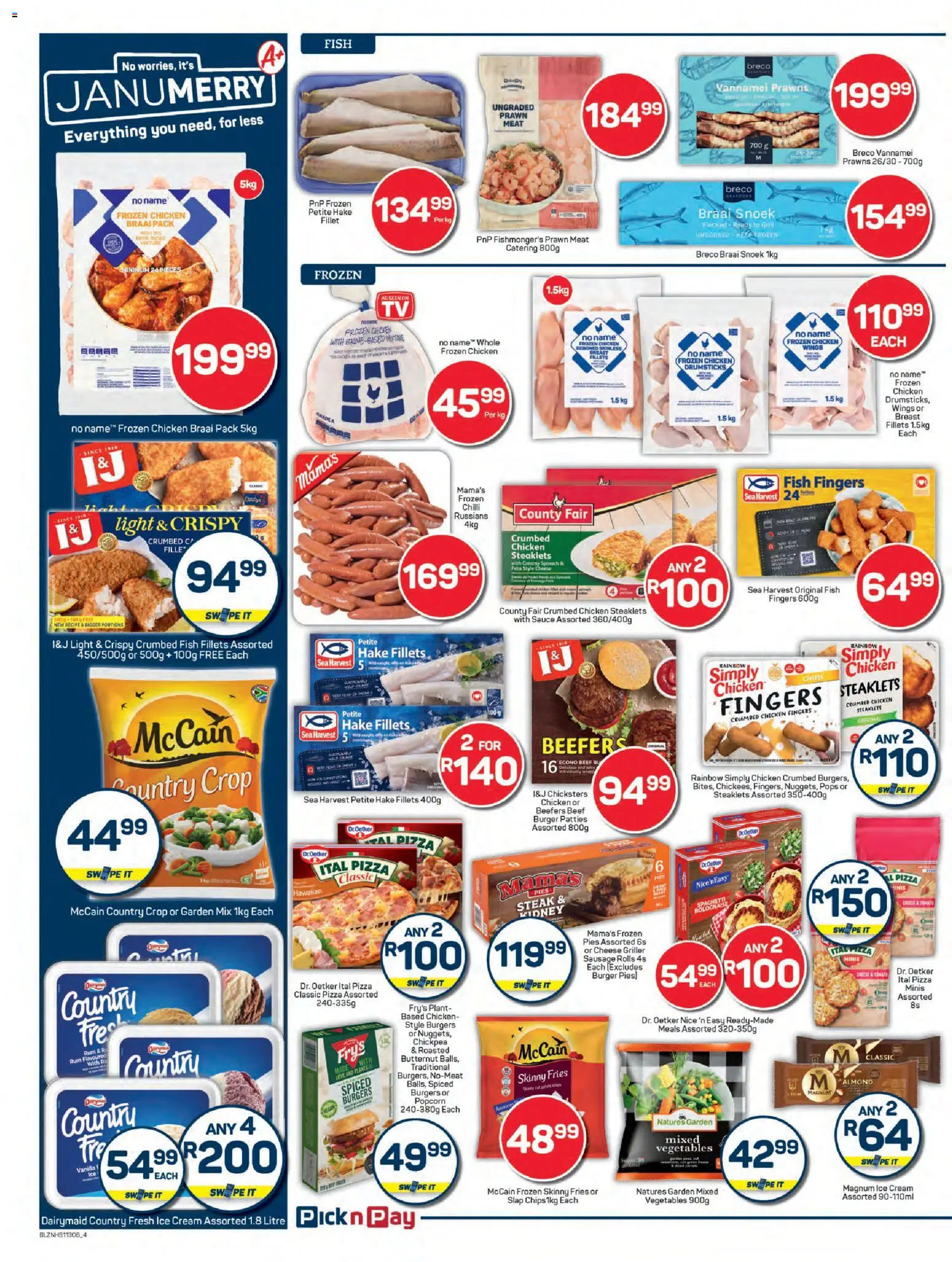 New Pick n Pay catalogue – valid from 23.01.2026 | Page: 4 | Products: Magdalenas, Pizza, Fish, Chilli