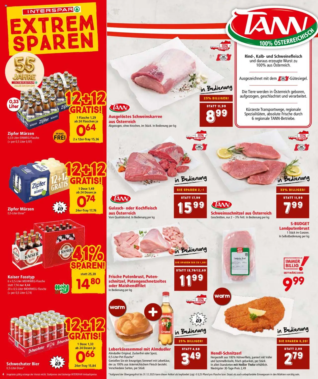 Interspar Flugblatt - Tirol gültig ab 11.09.2025 | Seite: 4 | Produkte: Wurst, Bier, Schweinefleisch