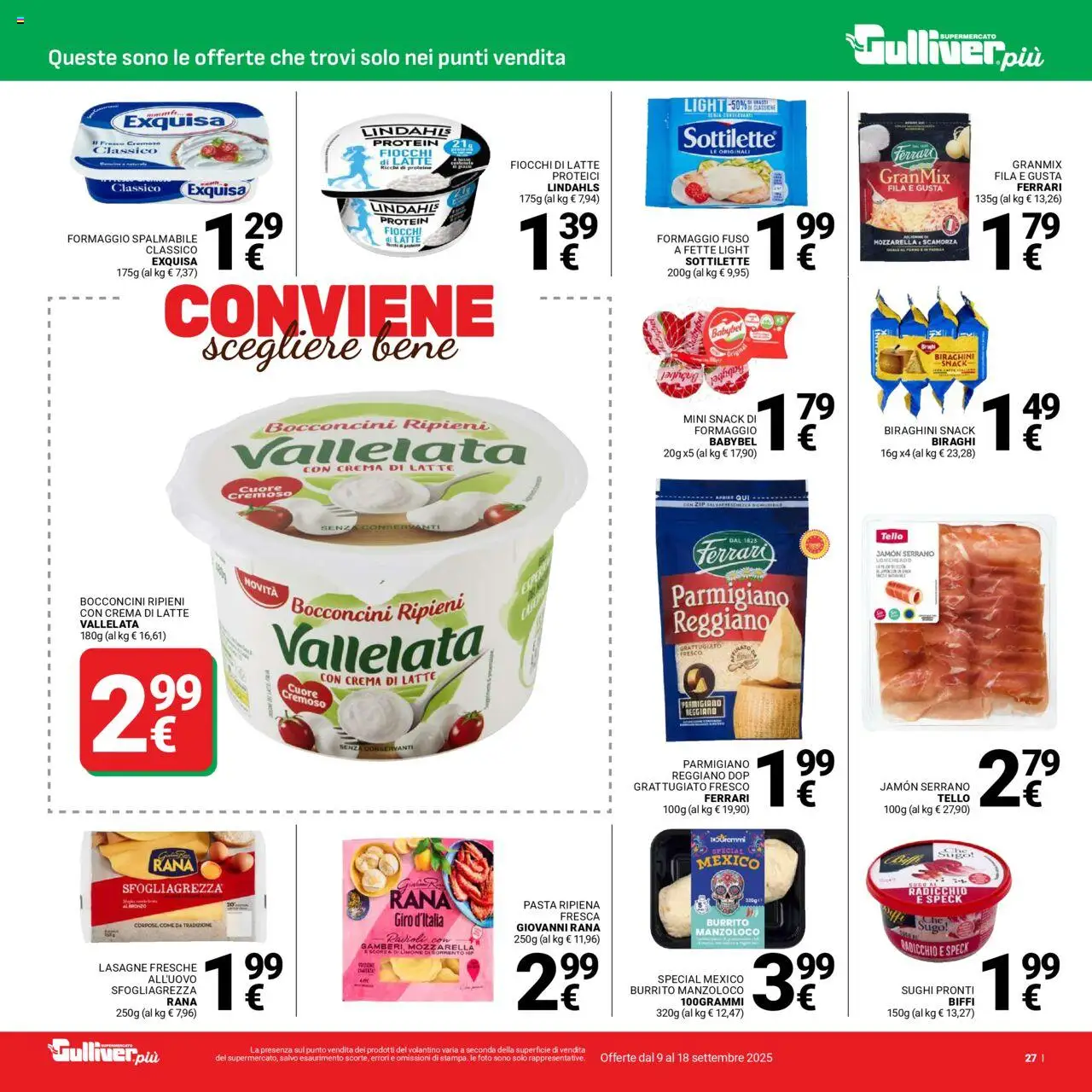 Volantino Gulliver del 09.09.2025 | Pagina: 27 | Prodotti: Fiocchi di latte, Formaggio, Limone, Parmigiano reggiano
