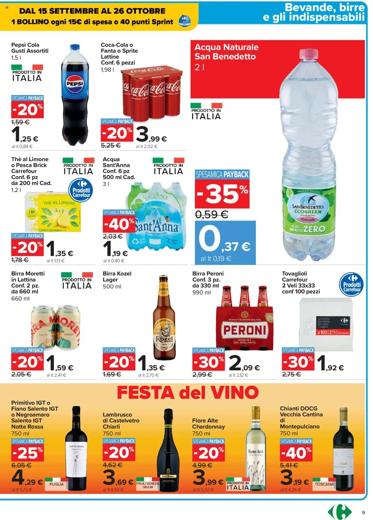 Volantino Carrefour del 02.10.2025 | Pagina: 9 | Prodotti: Birra, Acqua, Vino, Acqua naturale