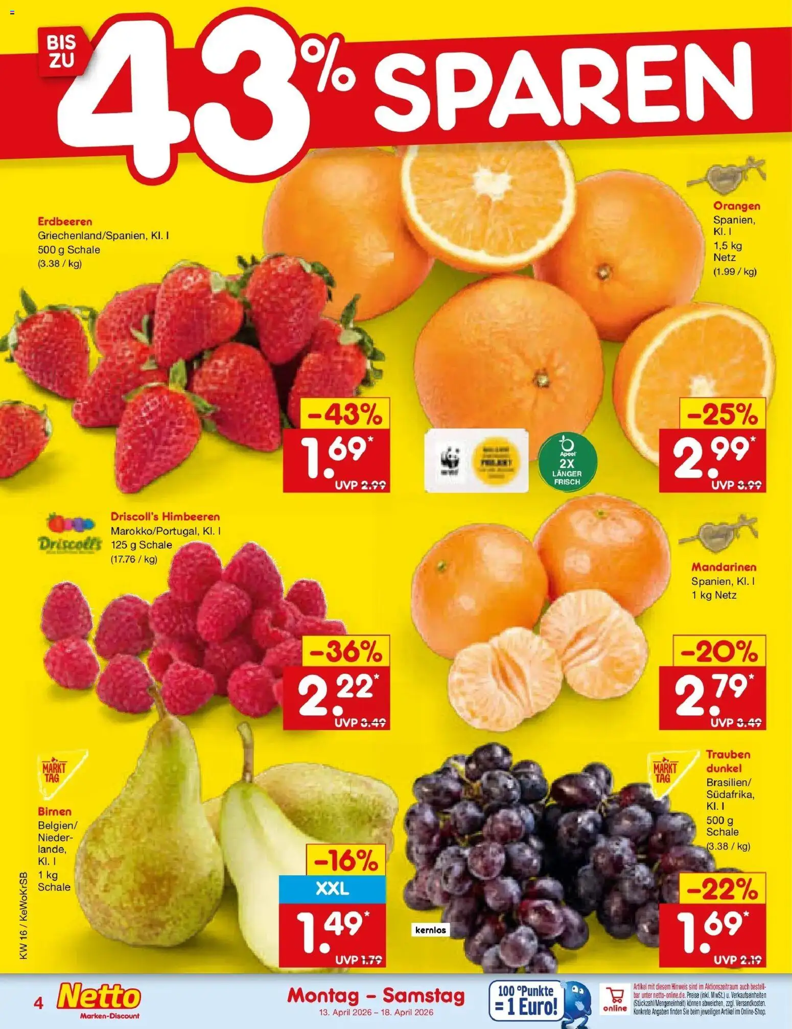 Netto Marken-Discount Prospekt Bonn	 – gültig ab 13.04.2026 | Seite: 6 | Produkte: Himbeeren, Trauben, Mandarinen, Erdbeeren