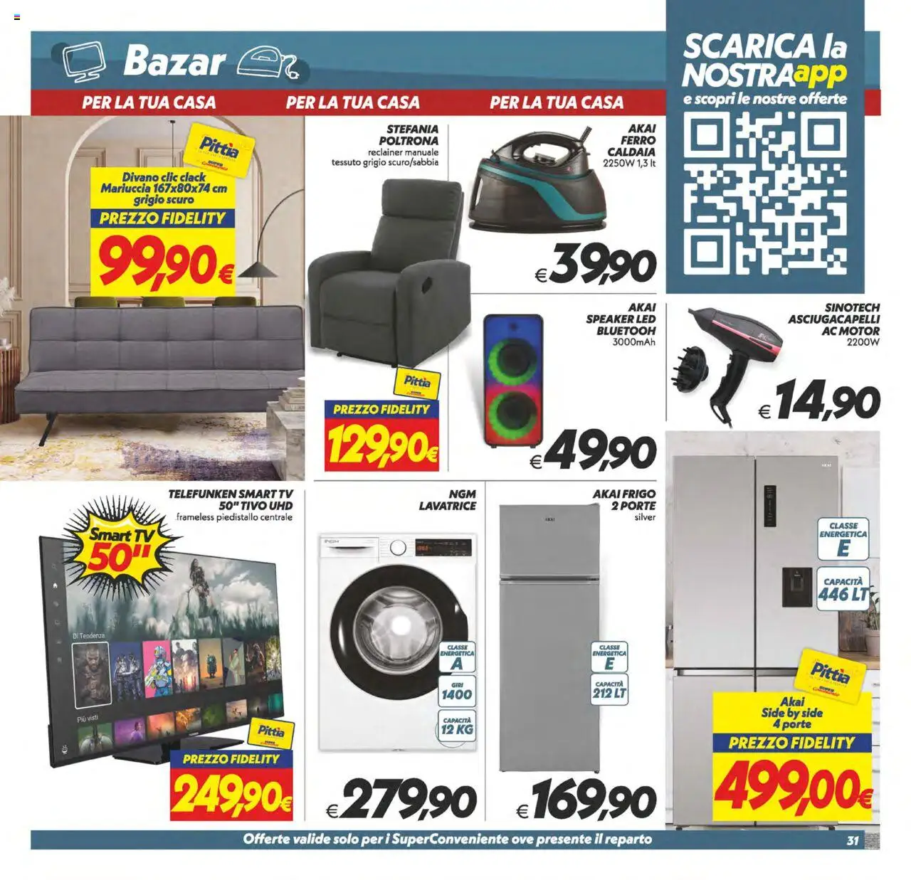 Volantino SuperConveniente del 03.10.2025 | Pagina: 31 | Prodotti: Lavatrice, TV, Asciugacapelli, Divano