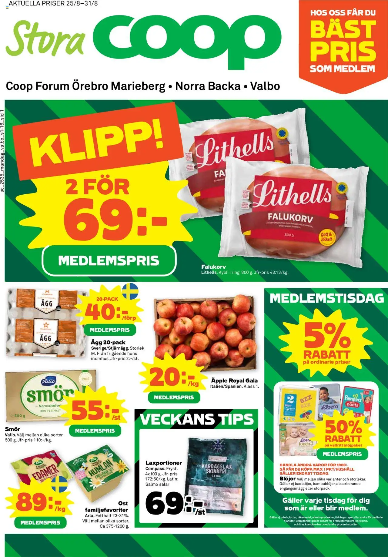 Coop Forum reklamblad aktuell från 25.08.2025 | Sida: 1 | Produkter: Galler, Smör, Ägg, Spel