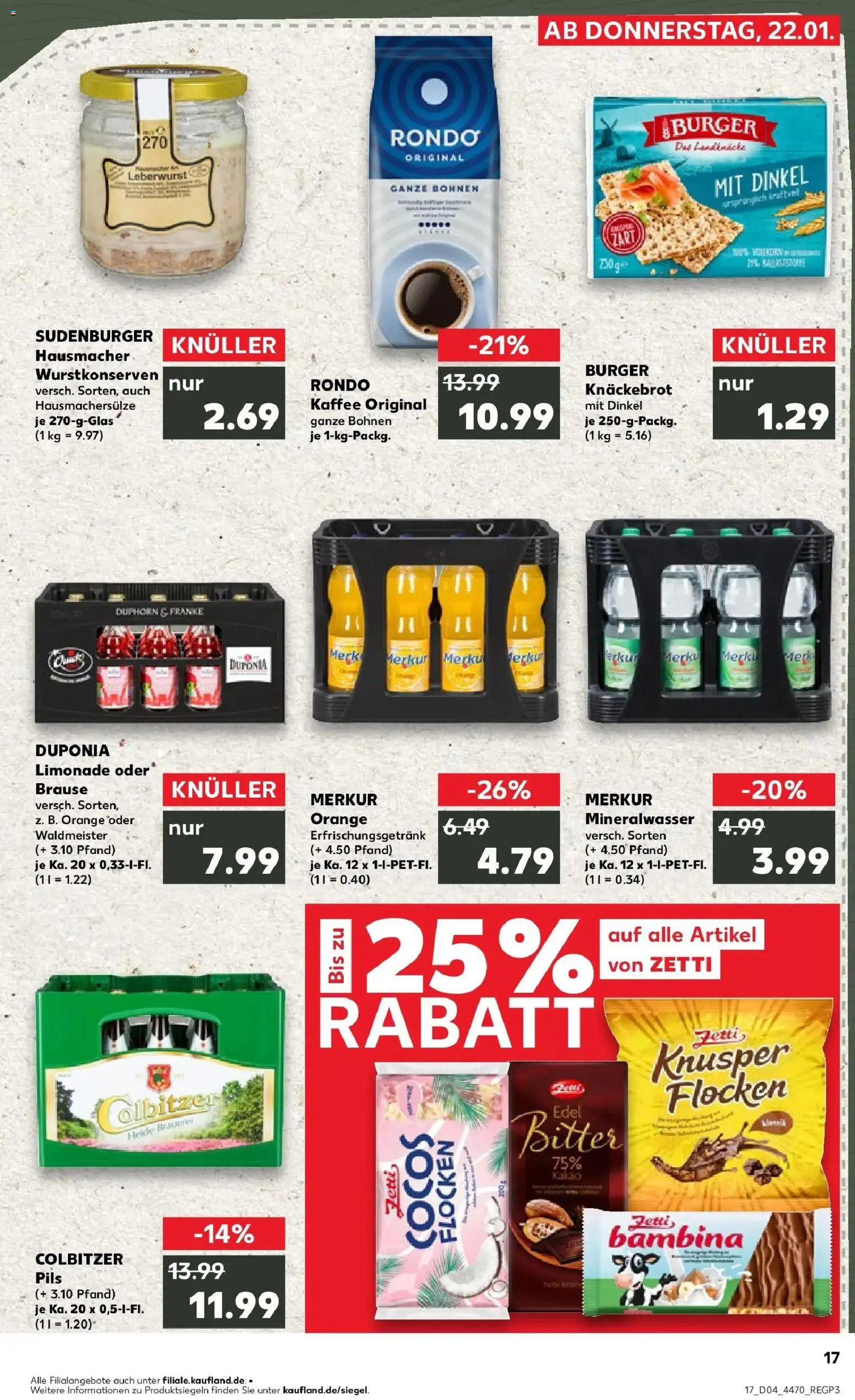 Kaufland prospekt Haldensleben	 – gültig ab 22.01.2026 | Seite: 17 | Produkte: Kaffee, Burger, Limonade, Mineralwasser