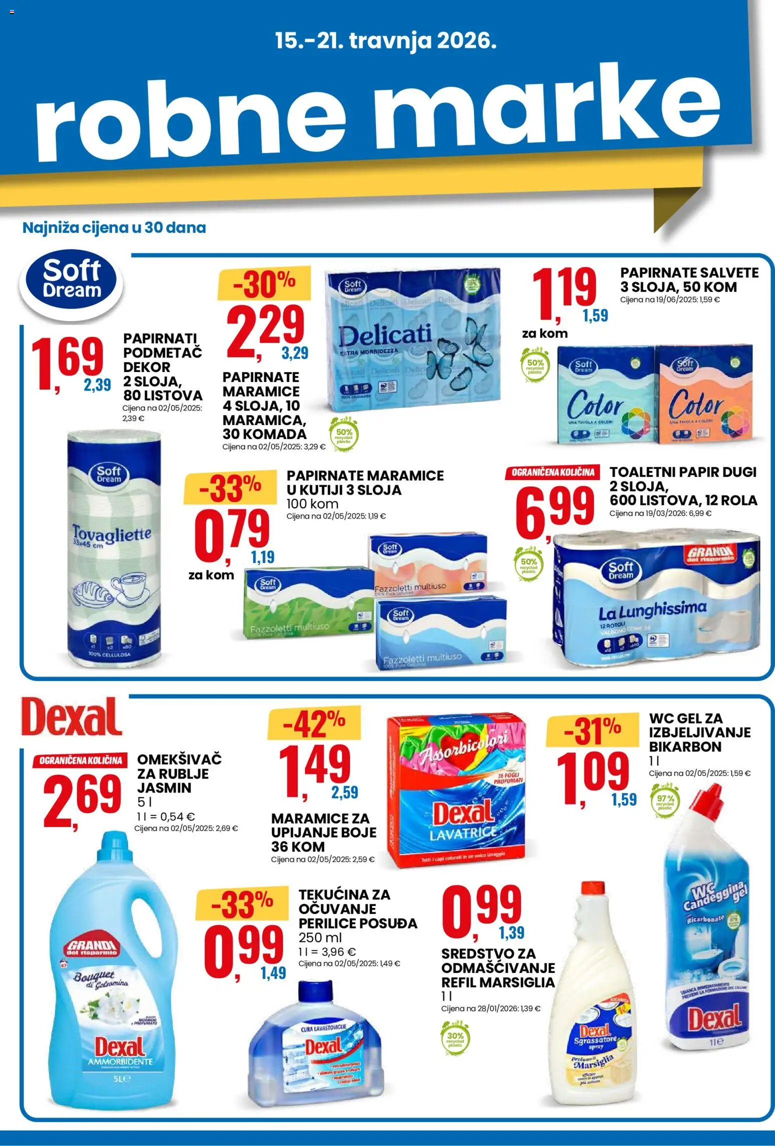 Eurospin katalog | vrijedi od 15.04.2026 | Stranica: 5 | Proizvodi: Omekšivač, Salvete, Toaletni papir