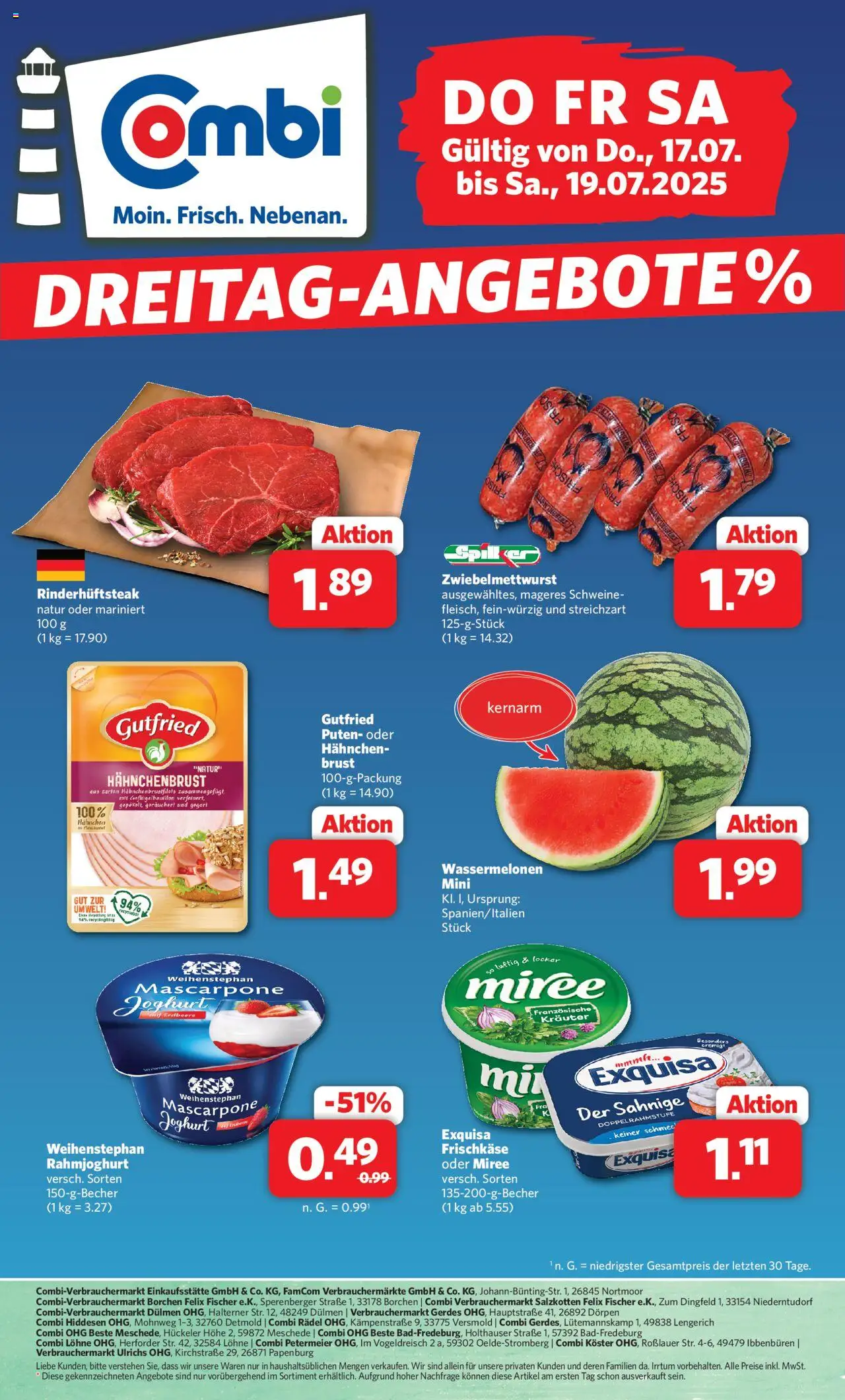 Combi Dreitag-Angebote - gültig ab dem 17.07.2025 | Seite: 1 | Produkte: Hahnchen, Mascarpone, Exquisa, Frischkase