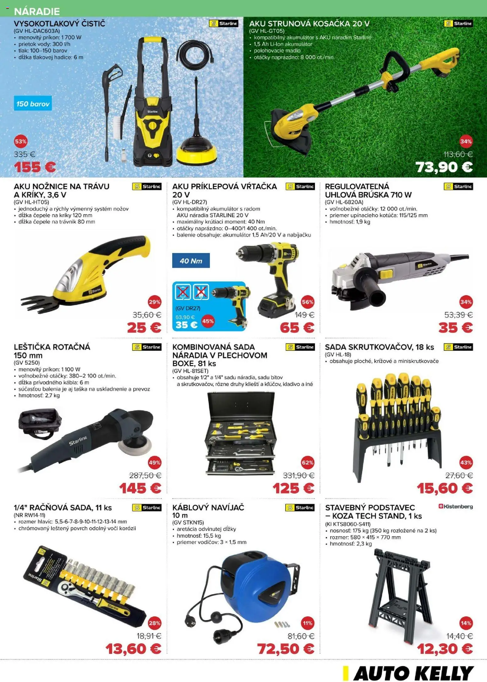 Nové Auto Kelly akcie – leták je platný od 31.03.2026 | Strana: 9 | Produkty: Kosačka, Náradie, Uhlová brúska, Aku