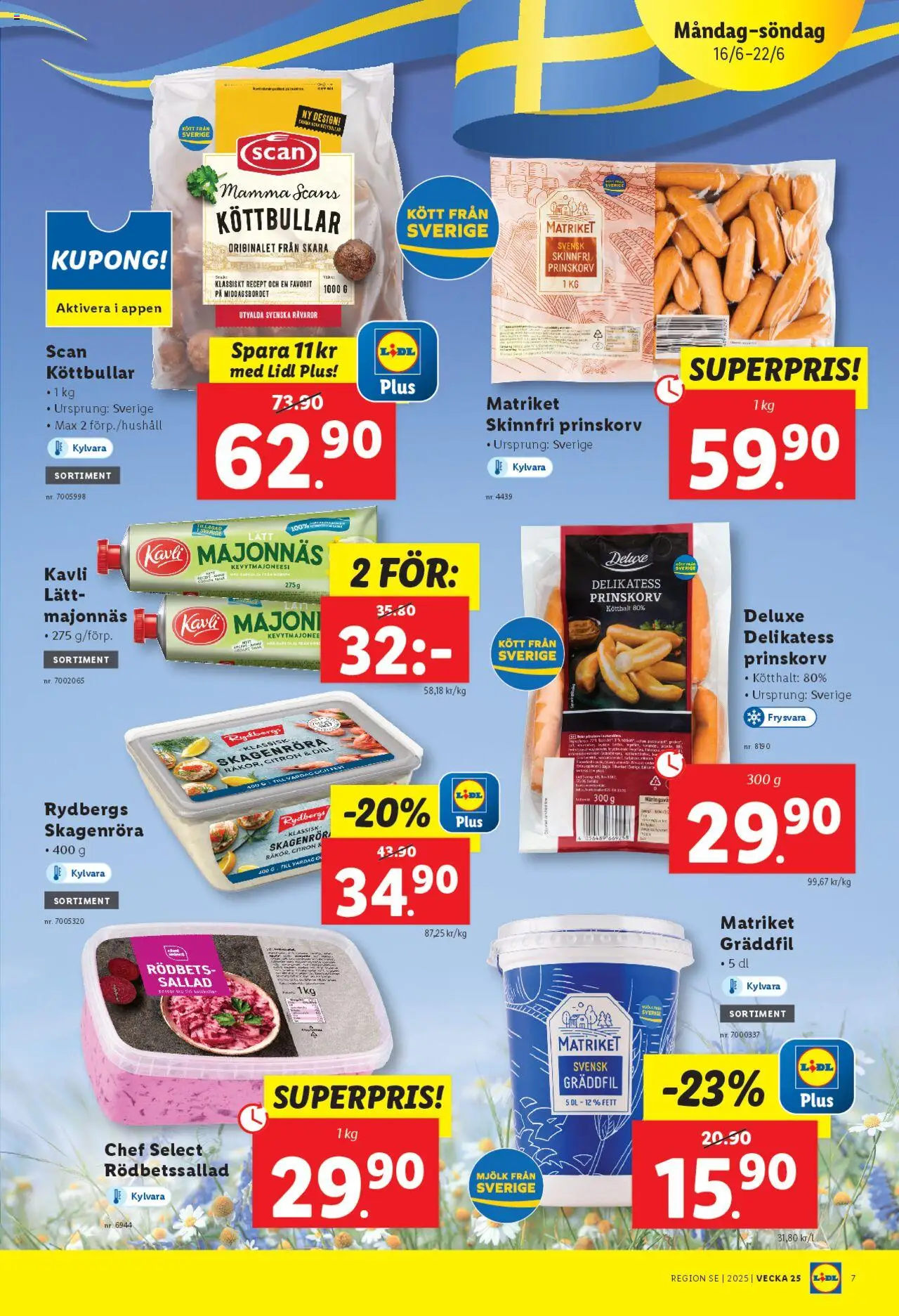 Lidl reklamblad aktuell från 16.06.2025 | Sida: 7 | Produkter: Prinskorv, Mjölk, Gräddfil, Sallad