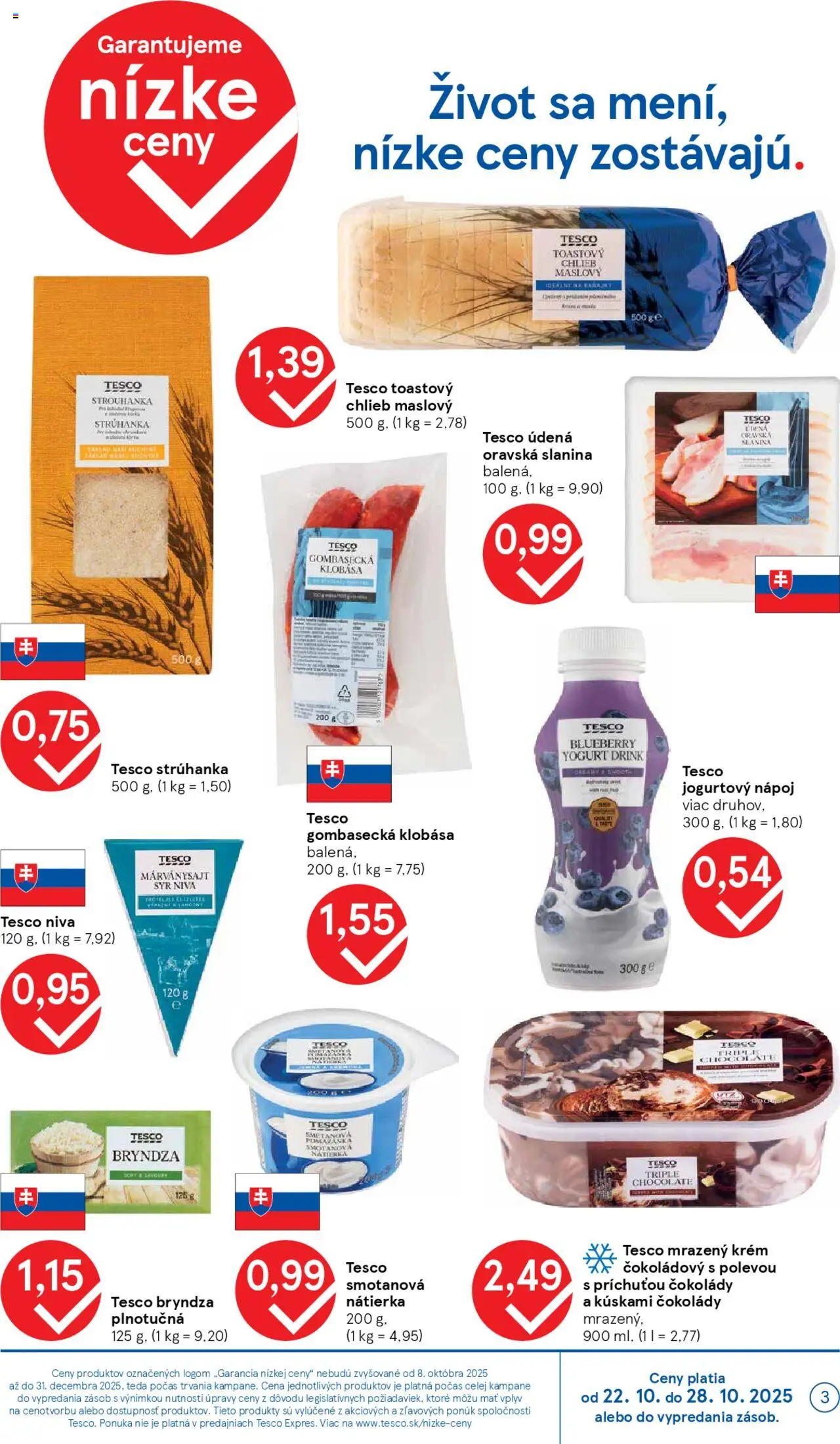 Nové Tesco akcie – leták je platný od 22.10.2025 | Strana: 3 | Produkty: Chlieb, Klobása, Bryndza, Krém