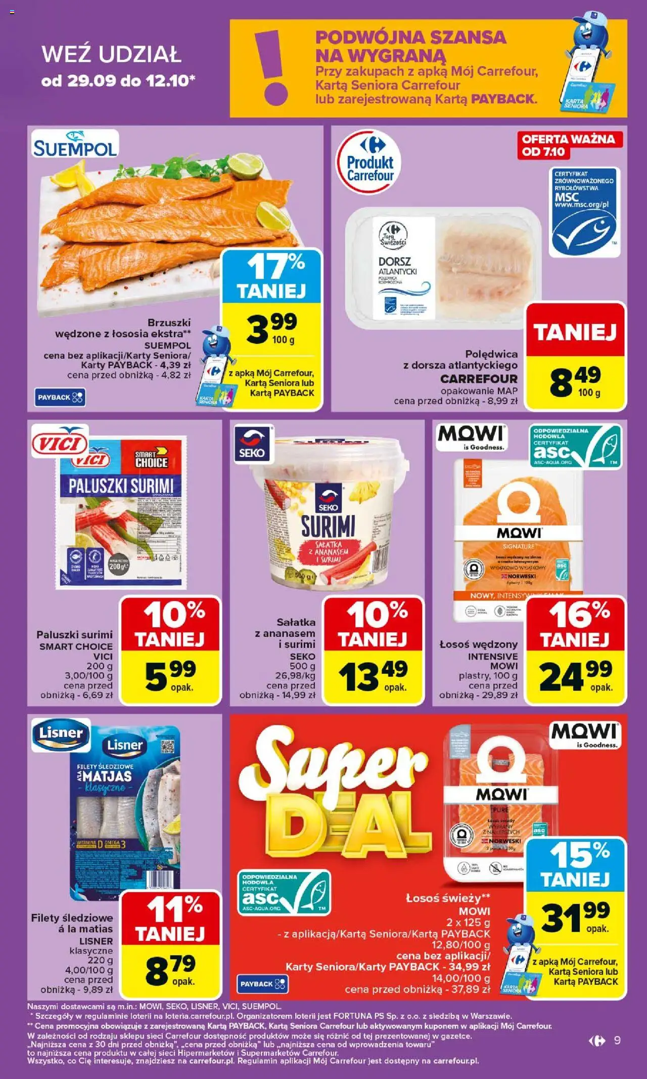 Carrefour Gazetka od 06.10.2025 | Strona: 9 | Produkty: Łosoś wędzony, Dorsz atlantycki, Paluszki surimi, Paluszki