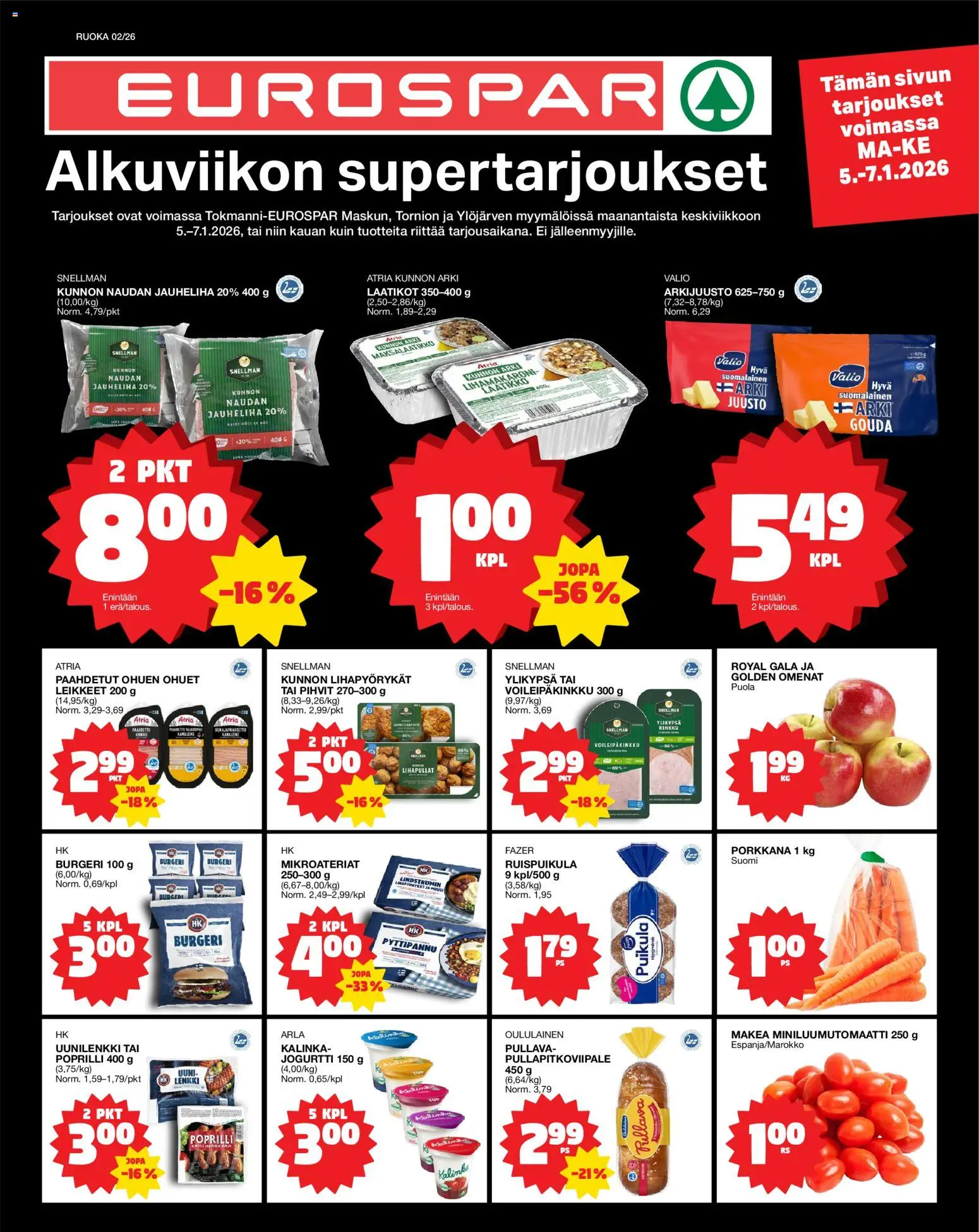 Tokmanni - EUROSPAR – voimassa 05.07.2026 alkaen | Sivu: 1 | Tuotteet: Uuni, Jauheliha, Laatikko, Omenat