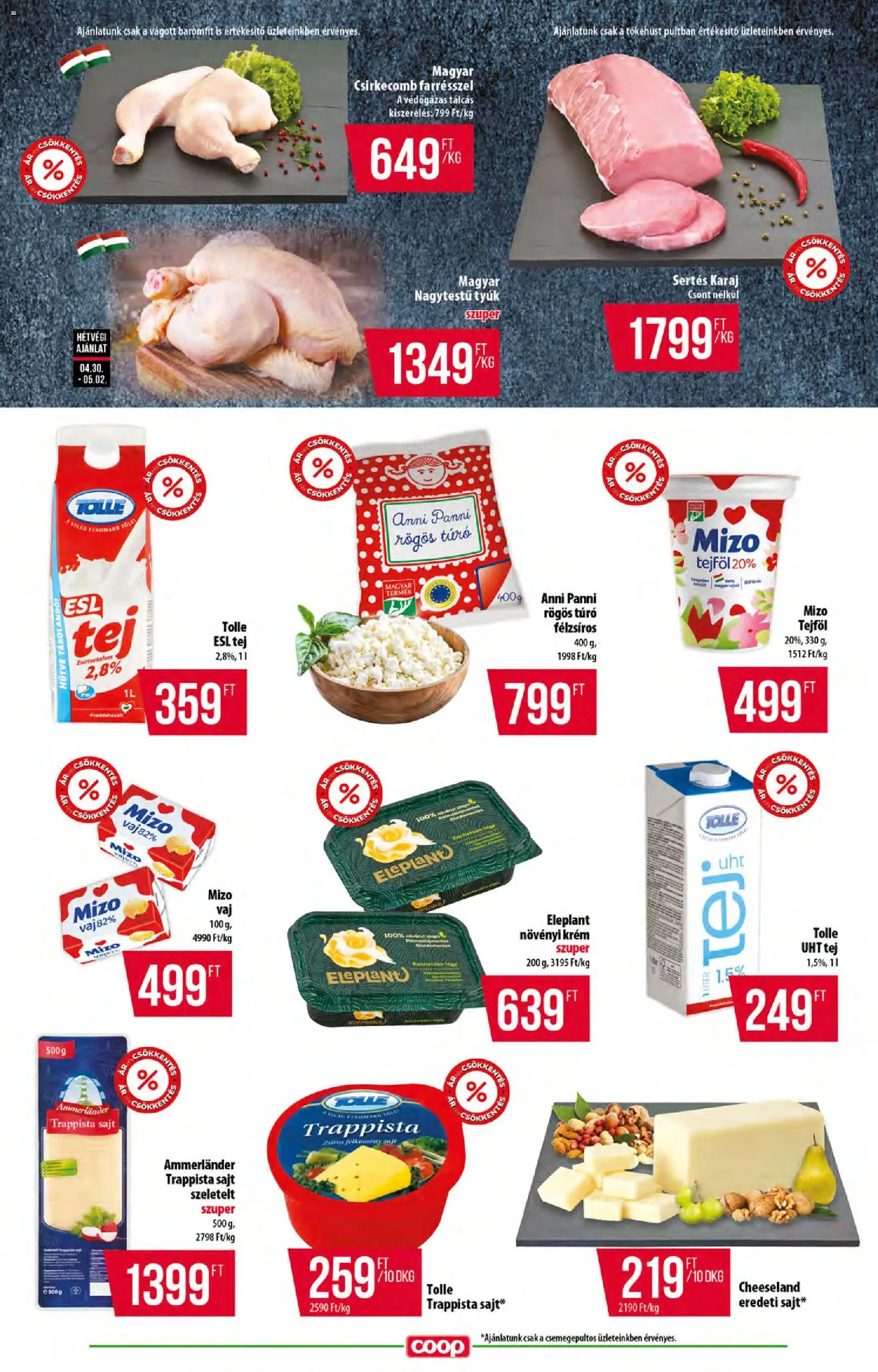 COOP akciós ujság - amely érvényes a következő dátumtól: 30.04.2026 | Oldal: 3 | Termékek: Karaj, Sajt, Trappista sajt, Csirkecomb