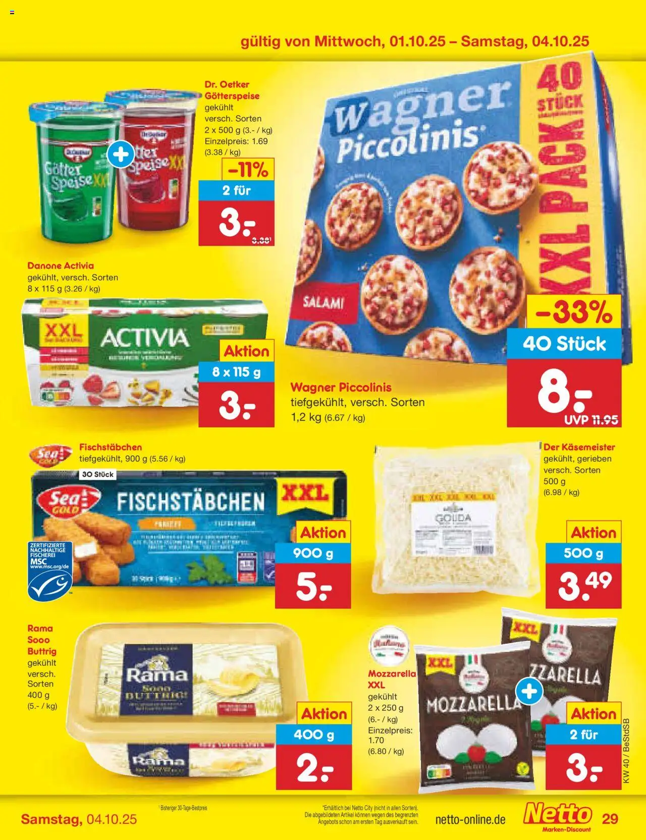Netto Marken-Discount Prospekt 	 – gültig ab 29.09.2025 | Seite: 33 | Produkte: Activia, Mozzarella, Gouda, Fischstabchen