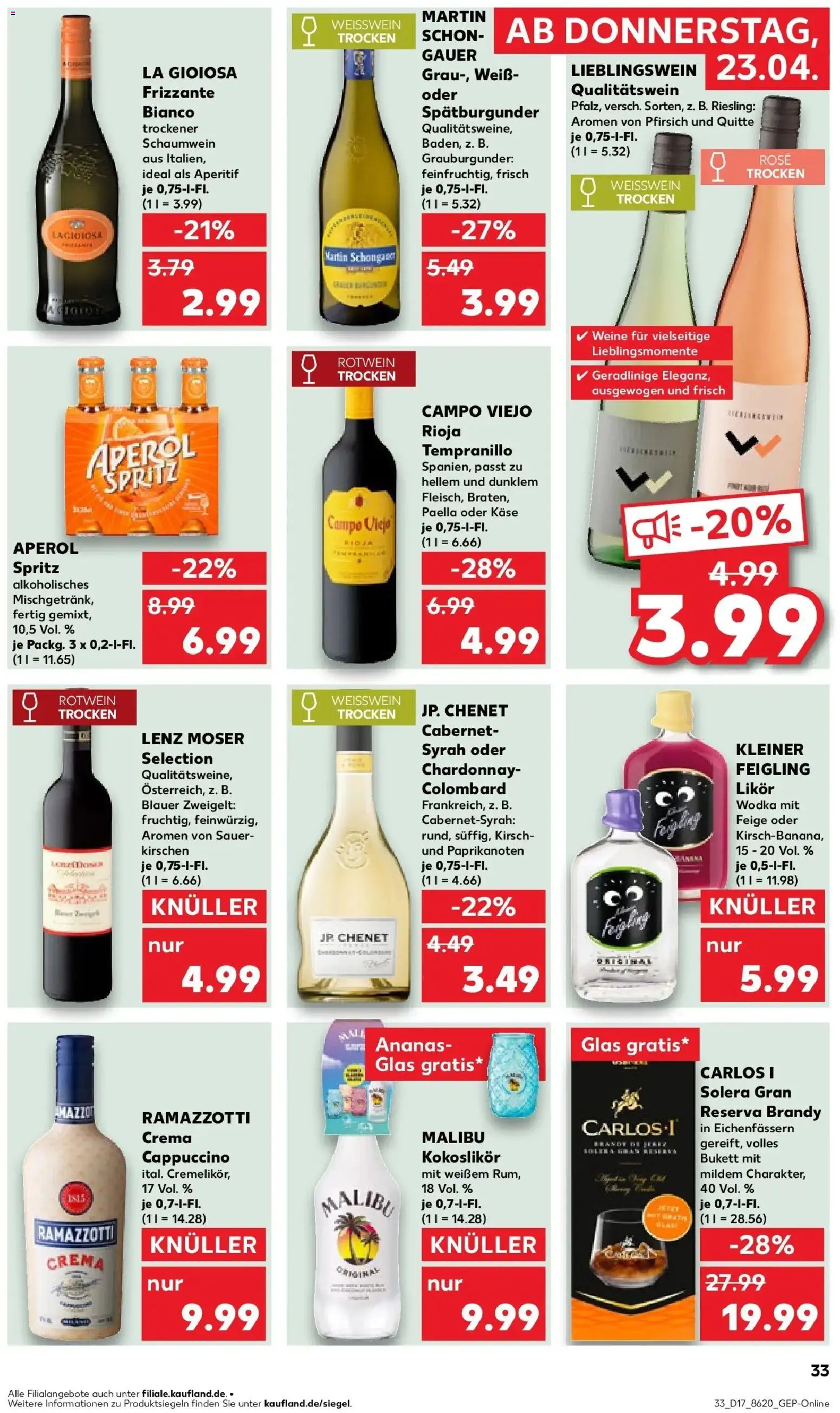 Kaufland Prospekt Kamen	 – gültig ab 23.04.2026 | Seite: 33 | Produkte: Rotwein, Ramazzotti crema, Pfirsich, Aperol