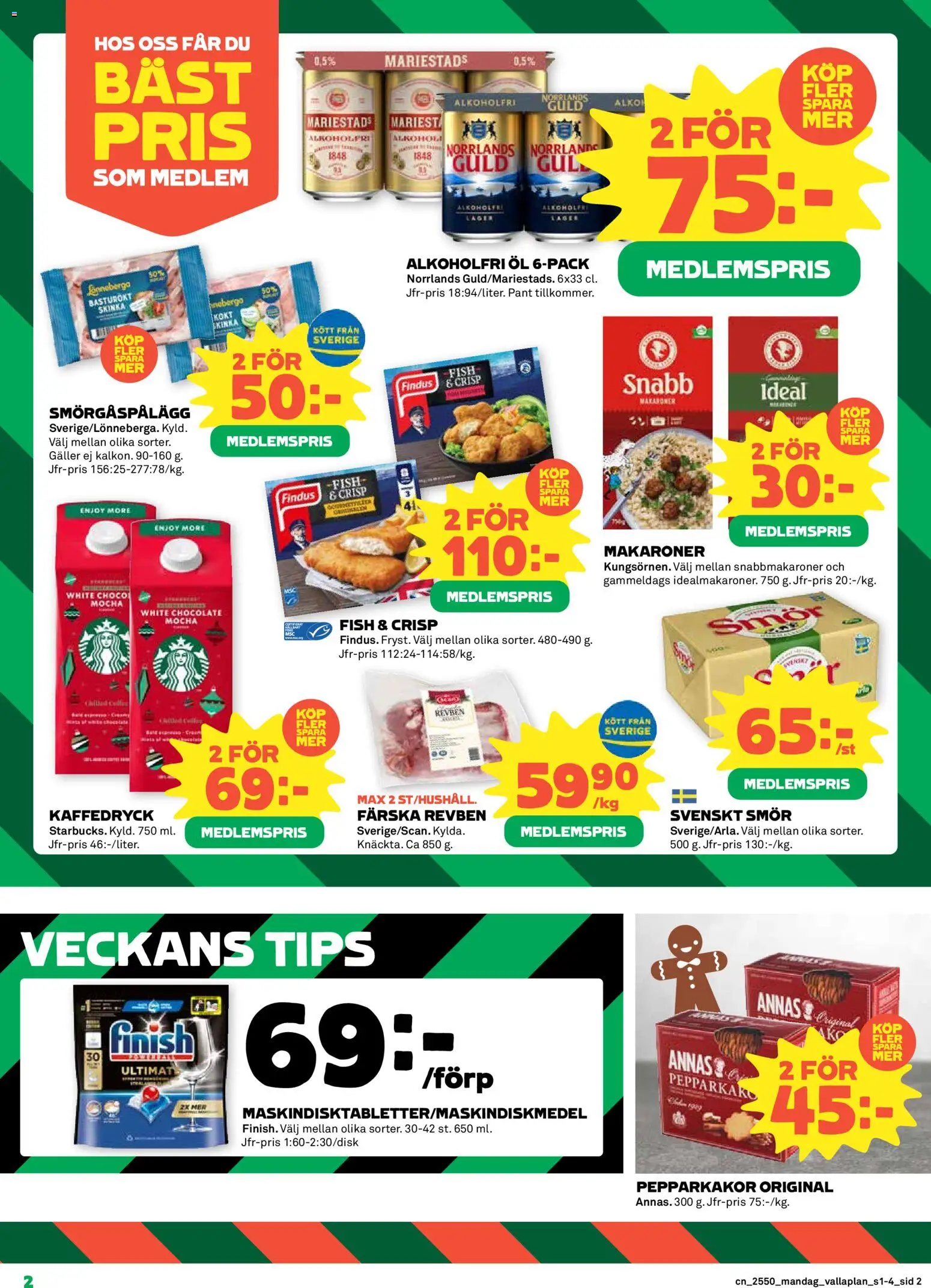 Coop reklamblad aktuell från 08.12.2025 | Sida: 2 | Produkter: Galler, Makaroner, Skinka, Öl