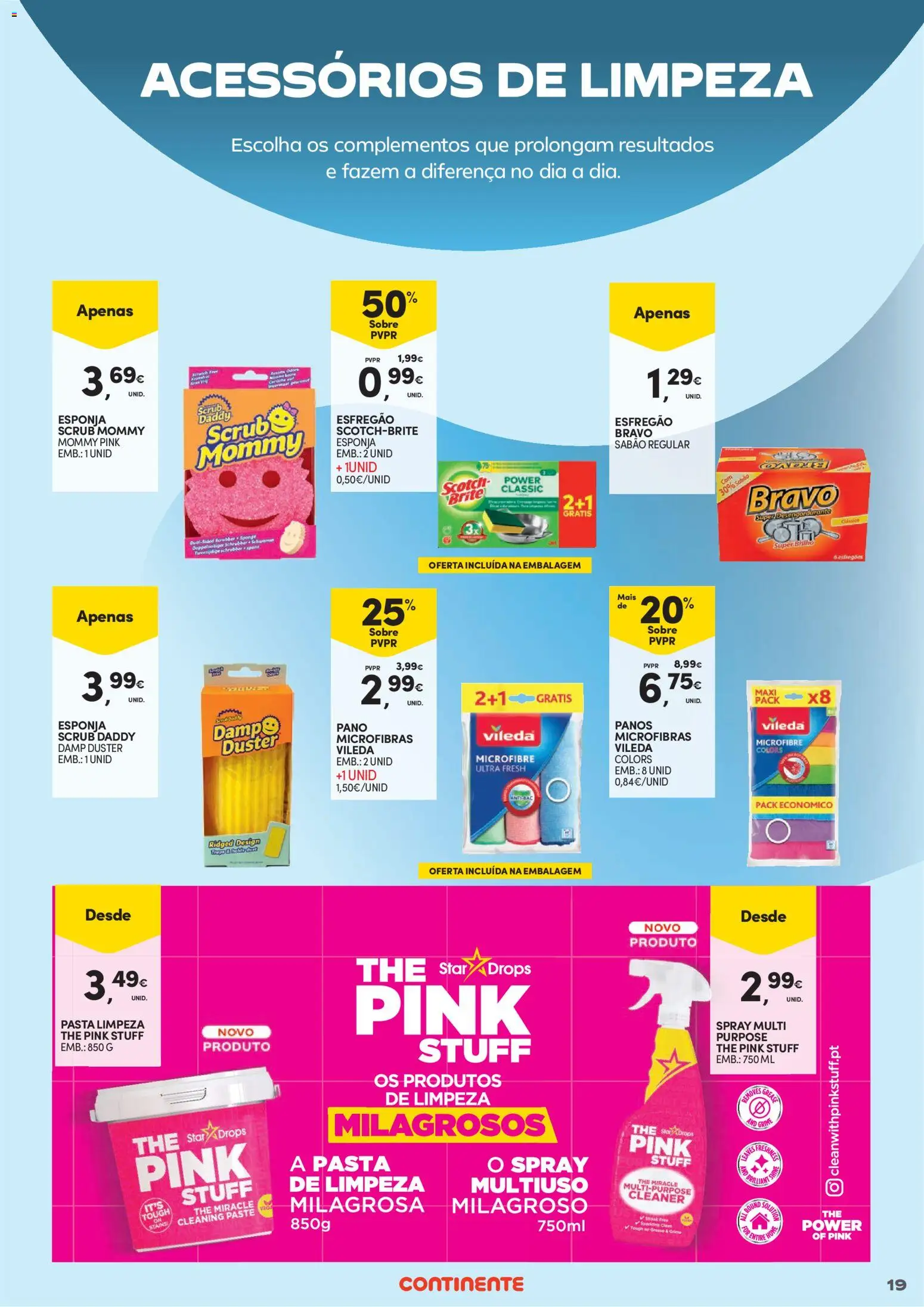 Continente - Limpeza do Lar: Poupança que deixa tudo limpinho │ válido de 02.01.2026 | Página: 19 | Produtos: Esfregão, Esponja, Sabão