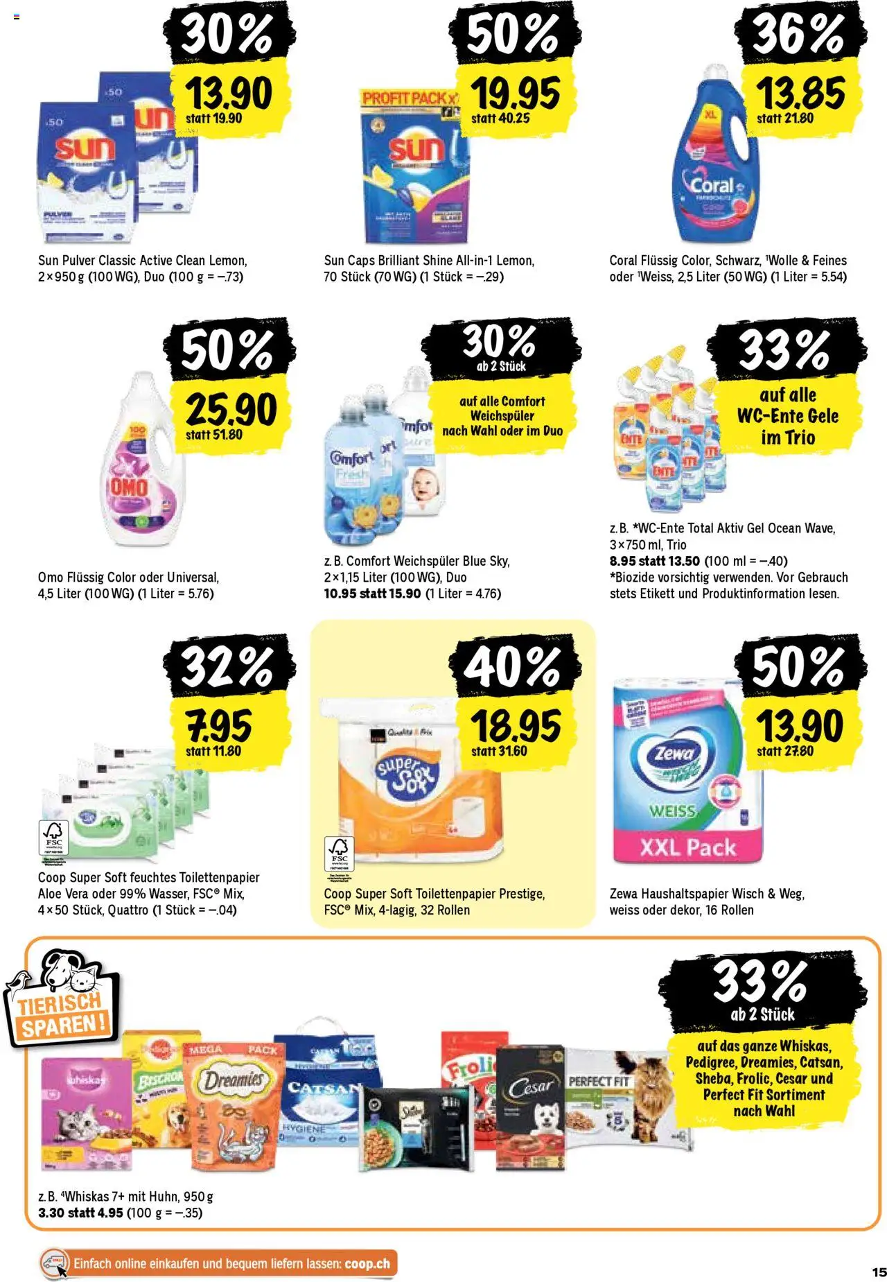 Coop Aktionen – gültig ab 02.10.2025 | Seite: 15 | Produkte: Pulver, Weichspüler, Feuchtes Toilettenpapier, Toilettenpapier