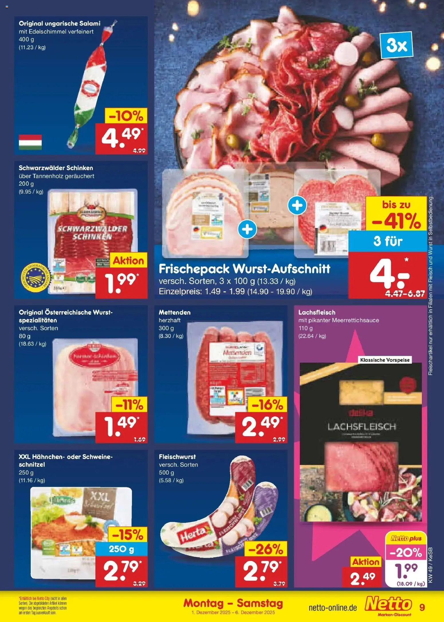 Netto Marken-Discount prospekt Bonn	 – gültig ab 01.12.2025 | Seite: 9 | Produkte: Hahnchen, Schnitzel, Salami, Schinken